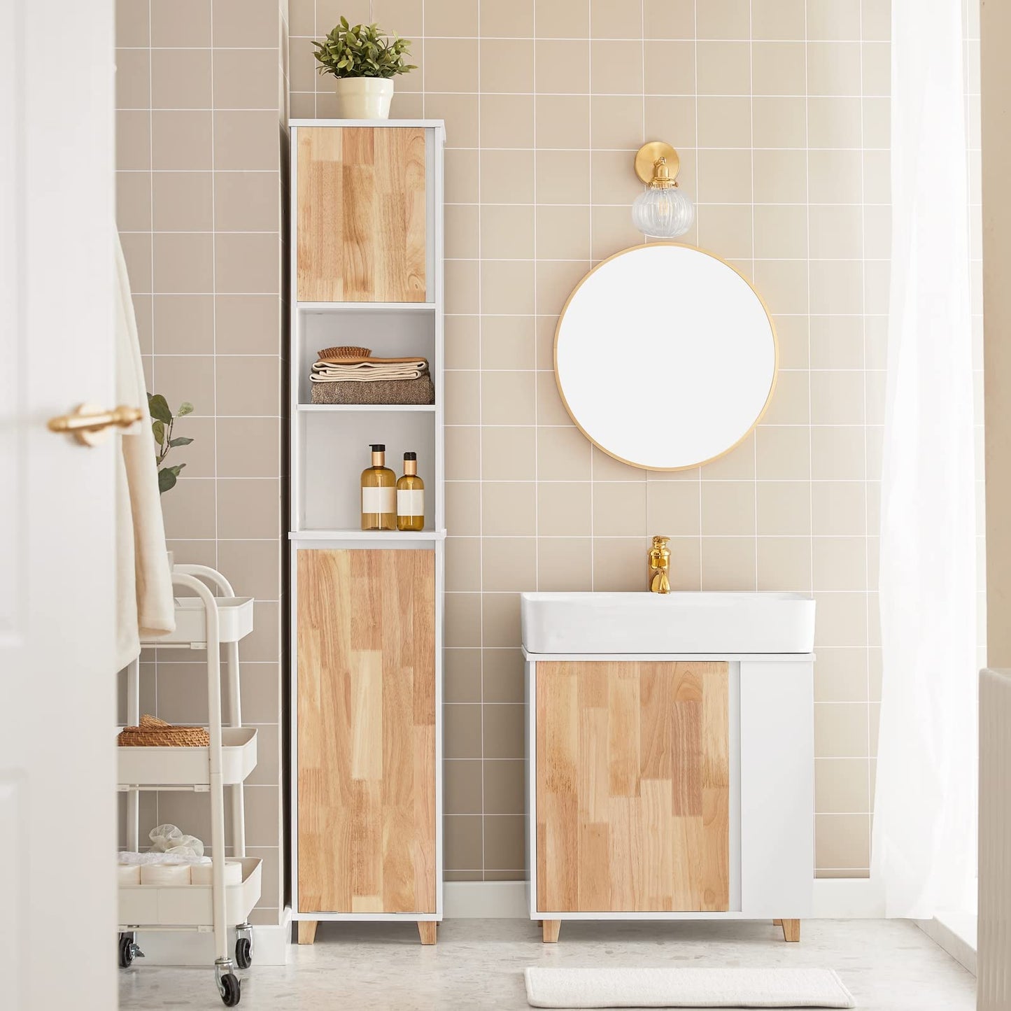 SoBuy BZR75-W Vanity Unit Bathroom Furniture - Bathroom Cabinet with Siphon Cut-Out, 2 Doors & 2 Open Compartments - Space-Saving Vanity Unit, White / Natural 60 x 60 x 29 cm