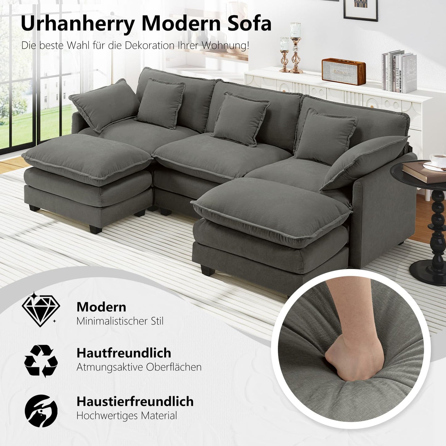Urhanherry U-Shape Cloud Sofa, Modular Sectional Sofa, 6-Seater with 2 Ottomans, Modern Sofa with Decorative Cushions/Armrests, Breathable Chenille Fabric, U Sofa Couch for Living Room, Beige