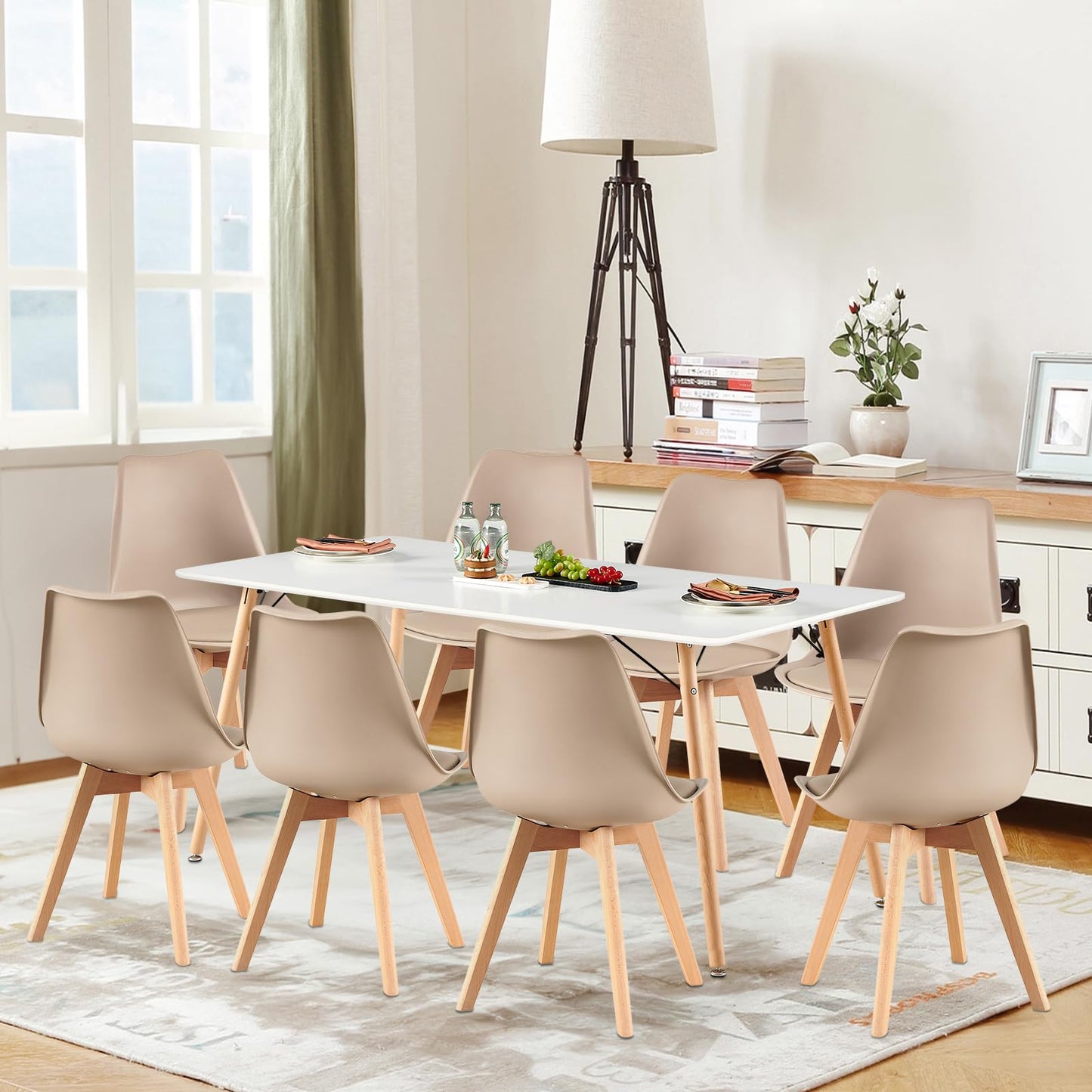H.J WeDoo Esszimmergruppe mit 4 Essstühlen, Rechteckig Esstisch und Stühle für Esszimmer, Küche, Wohnzimmer, Weißer Esstisch und Graue Stühle