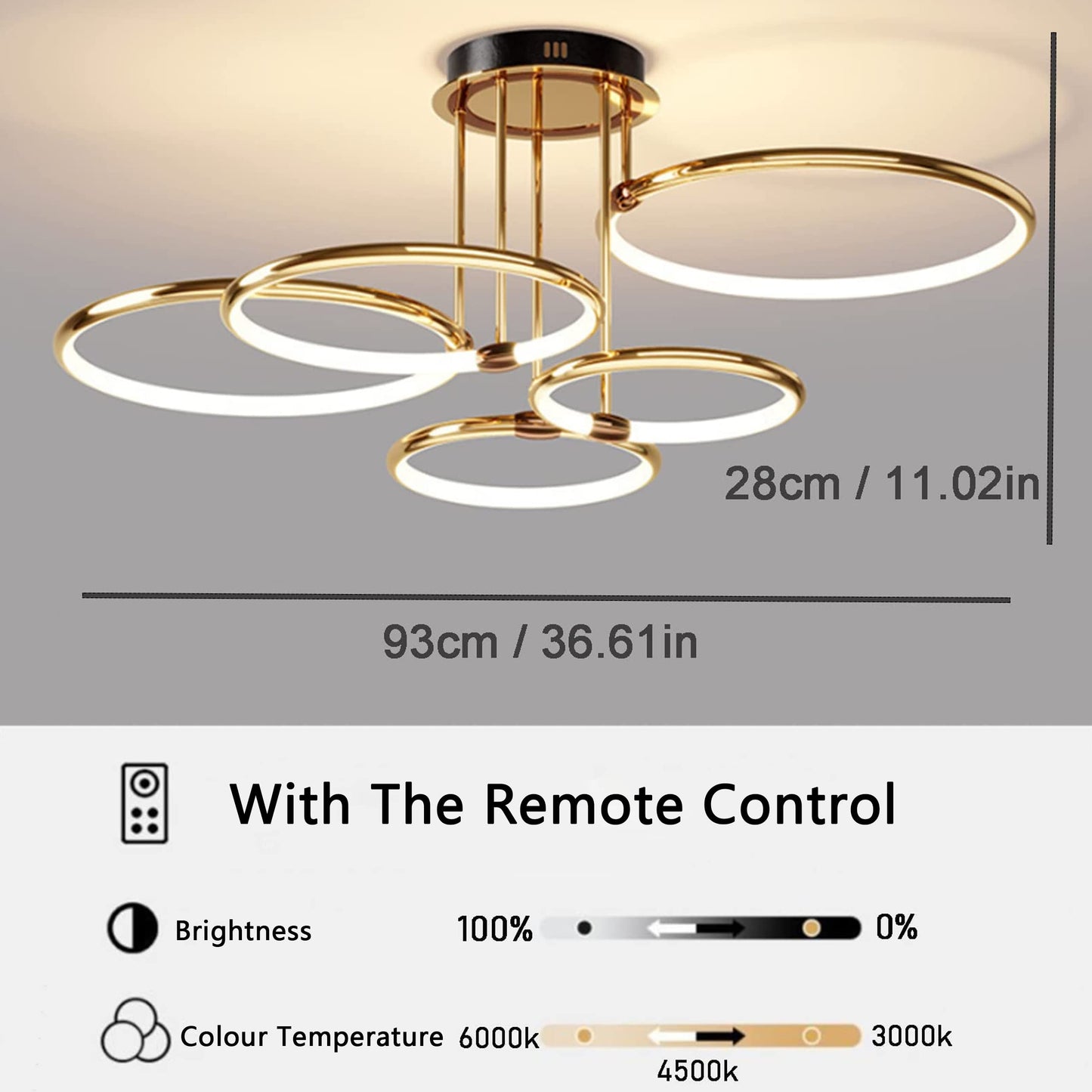 LED Deckenleuchte Modern Design Deckenlampen Gold 5-Ring Lampen Dimmbar Wohnzimmerlampe mit Fernbedienung, Aluminium Led Beleuchtung für Wohnzimmer Schlafzimmer Küche Esszimmer Büro 93cm, 108W…