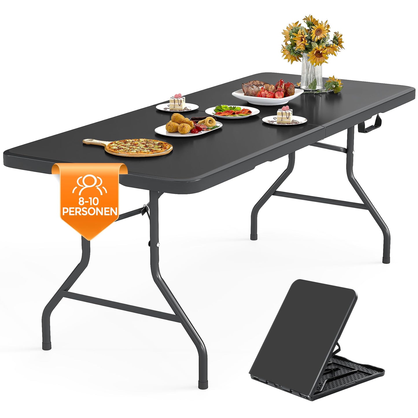 Asdsed Campingtisch 180x74 cm, Klappbar Gartentisch Buffettisch Wetterfest Tragbar Kunststoff Stabil Garten Klapptisch Partytisch Picknicktische Balkontisch