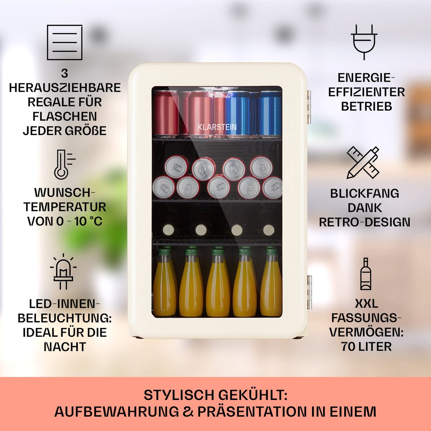 Klarstein PopLife Getränkekühler - Mini-Bar, Retrokühlschrank, 0-10°C, nur 39 dB, 115 L, umweltfreundlich, doppelt verglaste Tür, Retro-Design, rot