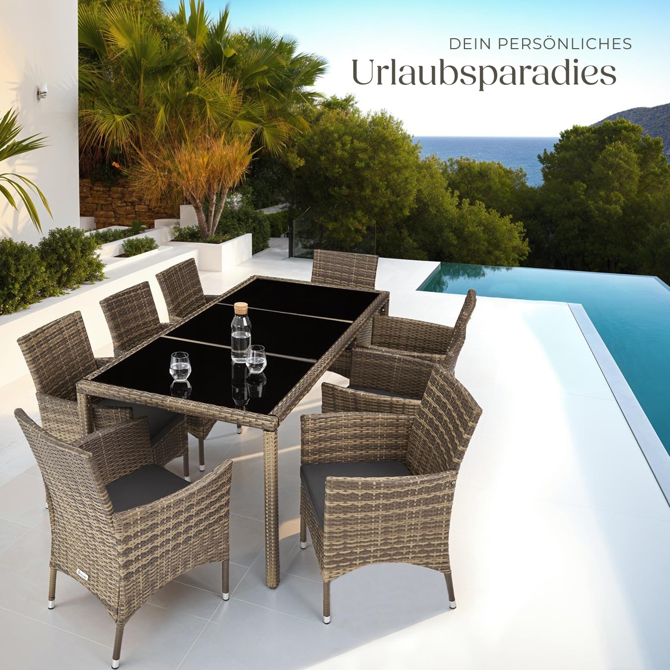 tectake® edles Outdoor Gartenmöbel Set Rattan Sitzgruppe mit Sessel und Tisch für 8 Personen, inkl. Schutzhülle und Polstern, Balkon Möbel wetterfest - Natur/dunkelgrau
