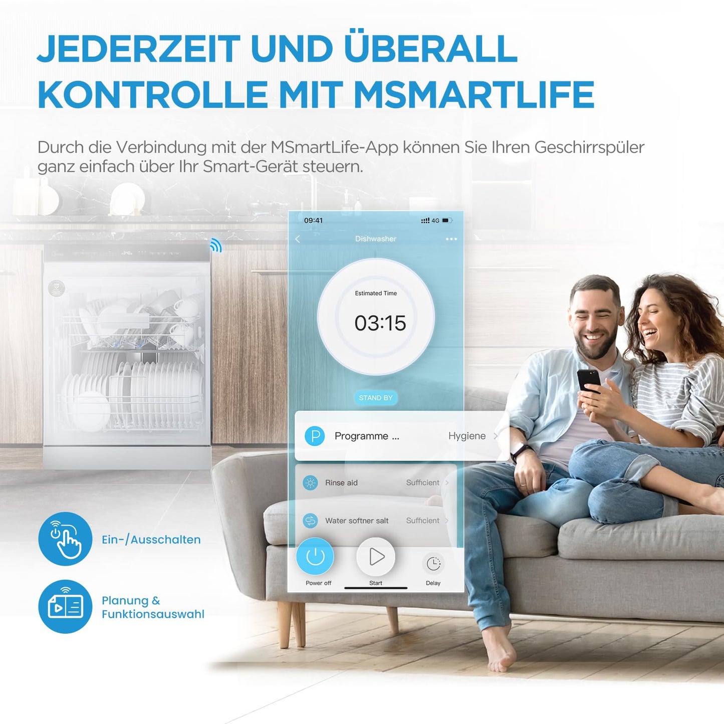 Midea MDWEU1435XSS-W Dishwasher, Integrated, 14 Place Settings, 60 cm, Partially Integrated with WiFi, Extra Drying, 7 Programmes, 47 dB, 0-24 Hours Start Time Delay, Stainless Steel