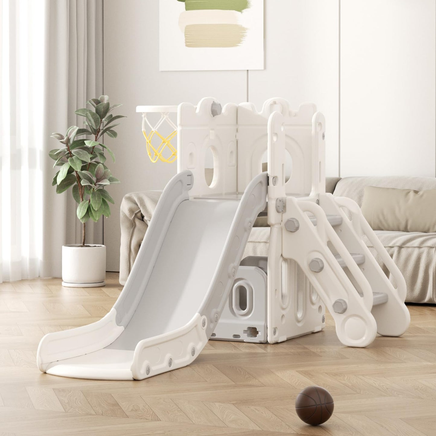 Rutsche mit Klettergerüst für Kinder: Indoor Spielplatz mit - Aufbewahrungsbox Tunnel Treppenleiter Basketballkorb und Durchgangsbereich Gartenrutsche (Star Set-G-Brown)