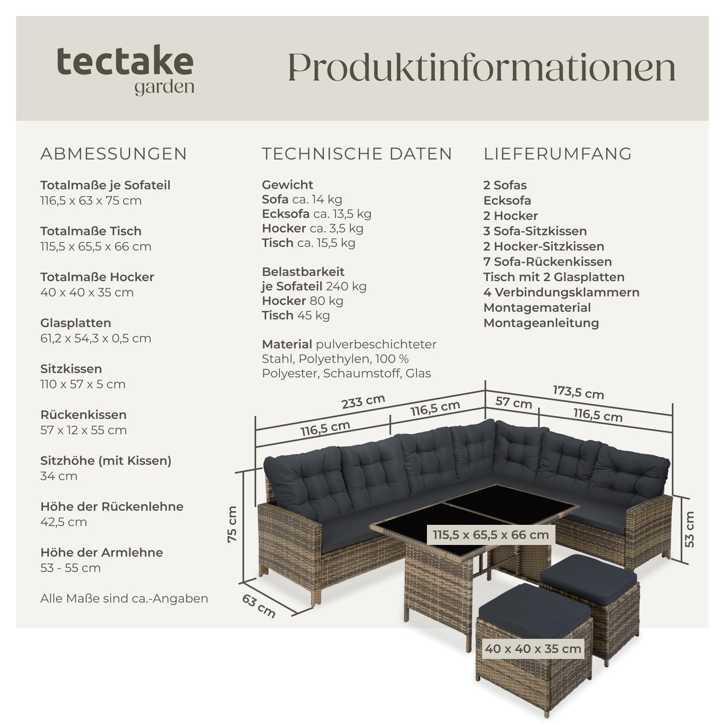 tectake Polyrattan Lounge Set, Garden Furniture Set with Sofa, Stool + Table, Balcony Furniture Outdoor, 5-Piece Seating Set, Including Seat and Back Cushion, Ideal for Garden, Patio, Balcony -