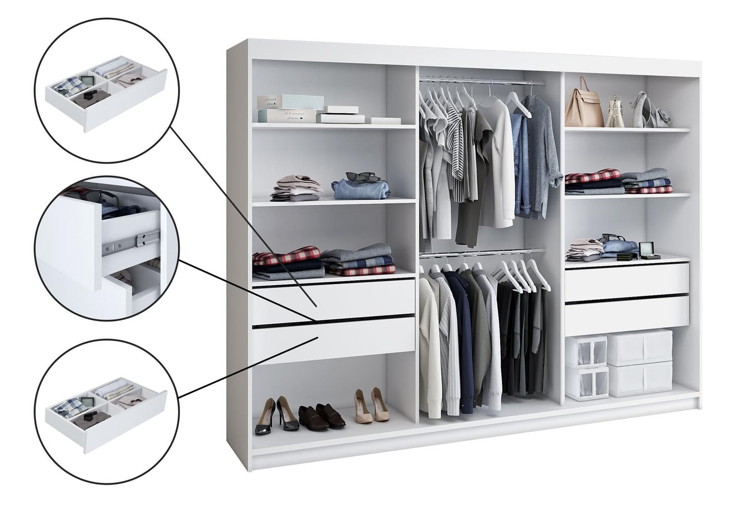 A&J MöbelLand Oravelle Sliding Door Wardrobe 3 Doors with Drawers and Mirror 200 cm (Black)