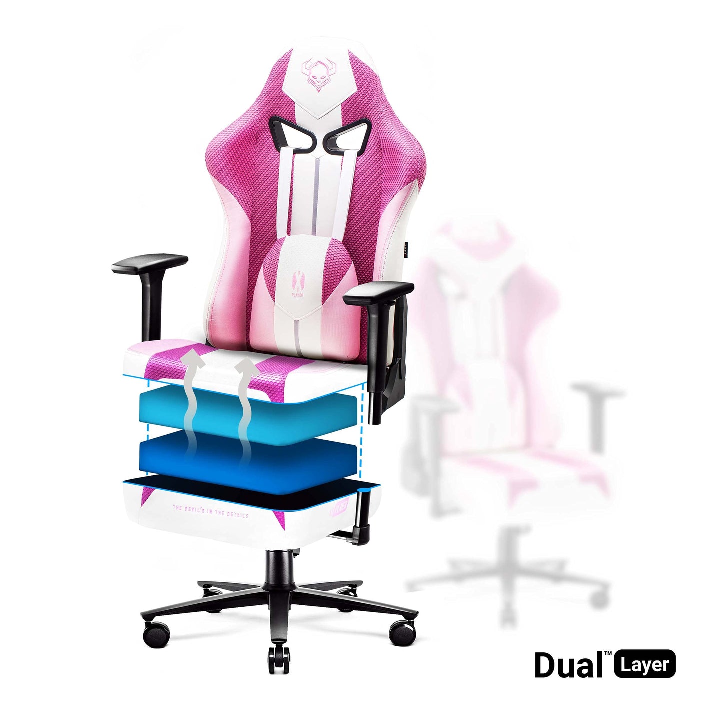 Diablo X-Player Gaming Stuhl Bürostuhl Schreibtischstuhl Stoff 3D Armlehnen Ergonomisches Design Nacken/- Lendenkissen (Frost Black, Normal (L))