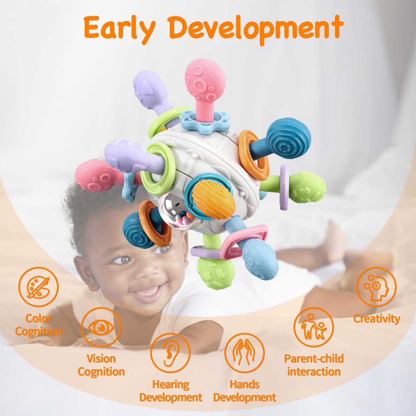 Grab Ball Baby Toy, Sensory Teether Toys, Silicone Teether Motor Skills Toy, Montessori Early Education, Baby Rattle Baby Toy for Babies 3-18 Months