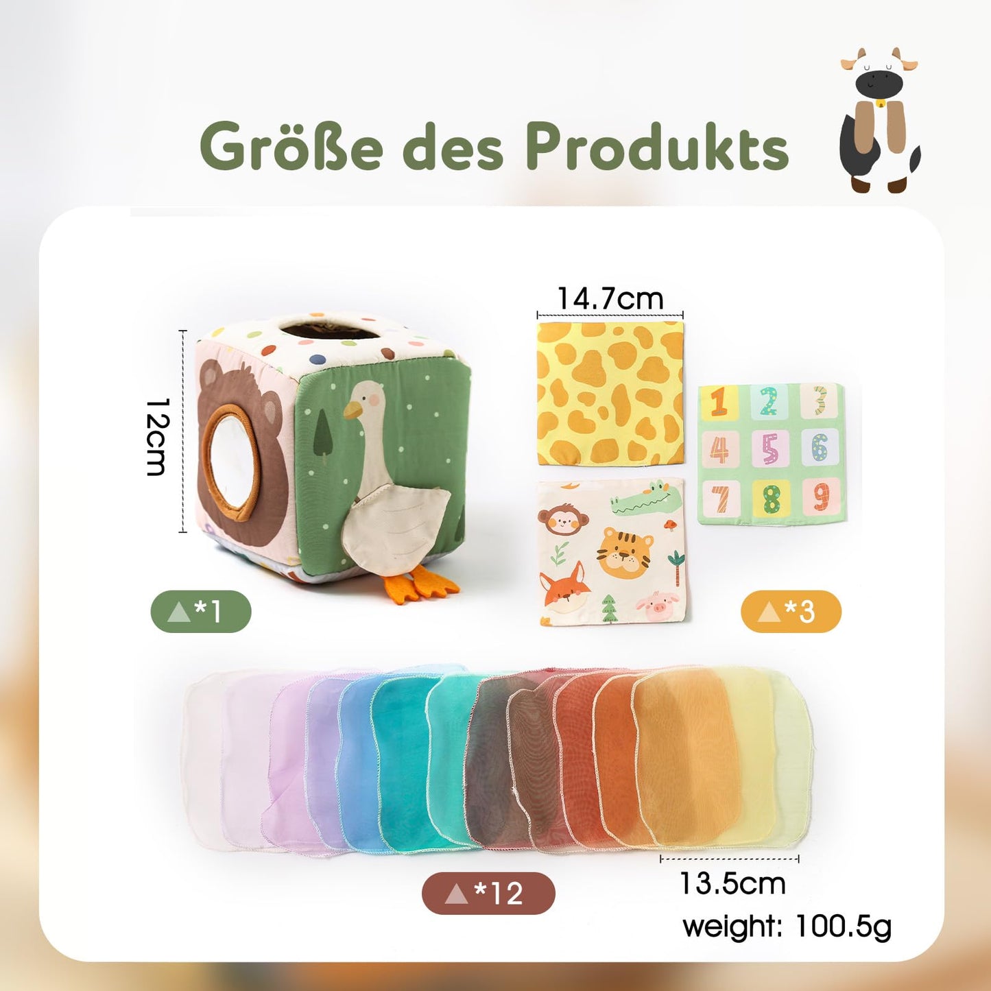 WOODEN TEETHER Tissue Box Montessori Motorikspielzeug, 6-12 Monate Sensorik Baby Spielzeug mit Spiegel, Farben, Texturen, Kinder Frühes Lernspielzeug für Jungen Mädchen Geschenke