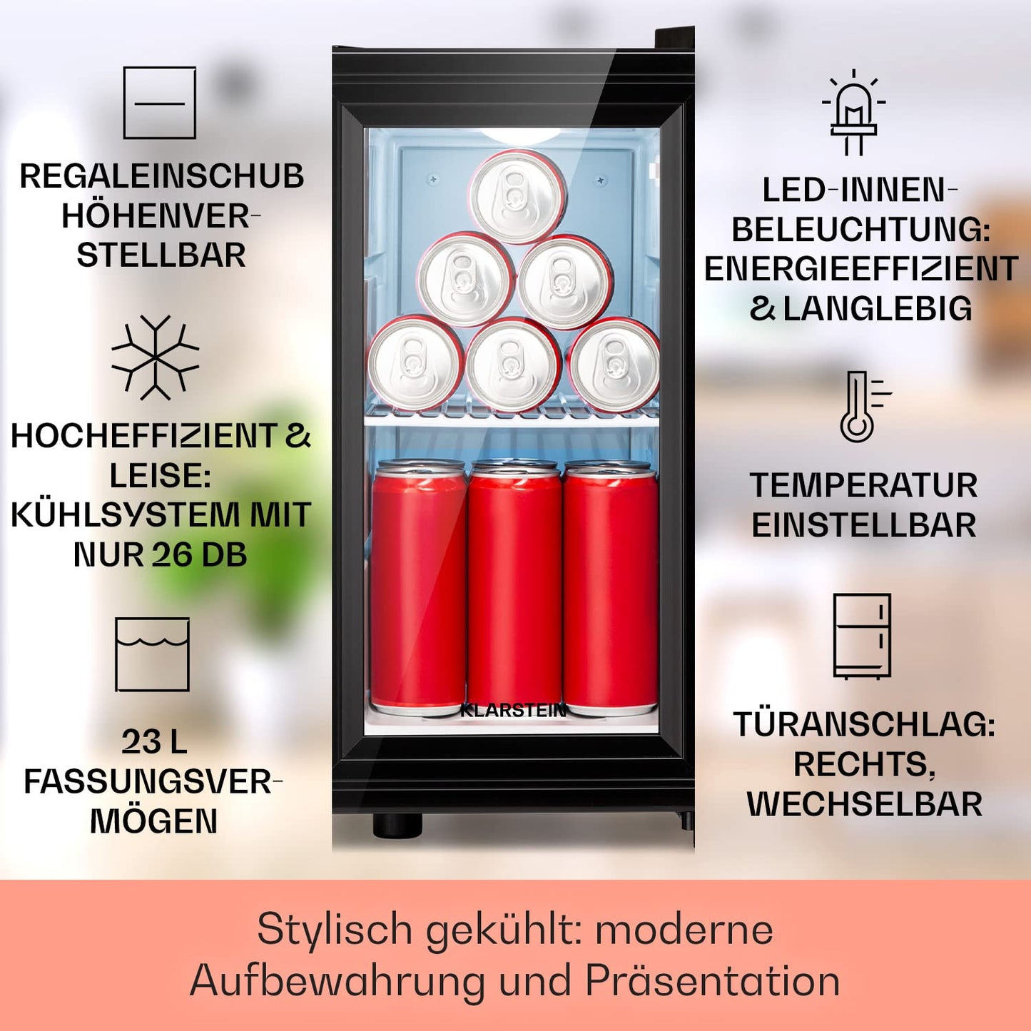 Klarstein Kühlschrank, Mini Kühlschrank mit Glastüre, Mini-Kühlschrank für Getränke, Snacks & Kosmetik, Kühlschrank Klein & Leise, Verstellbare Ablagen, Kleiner Skincare Kühlschrank 12-18°C, 23L