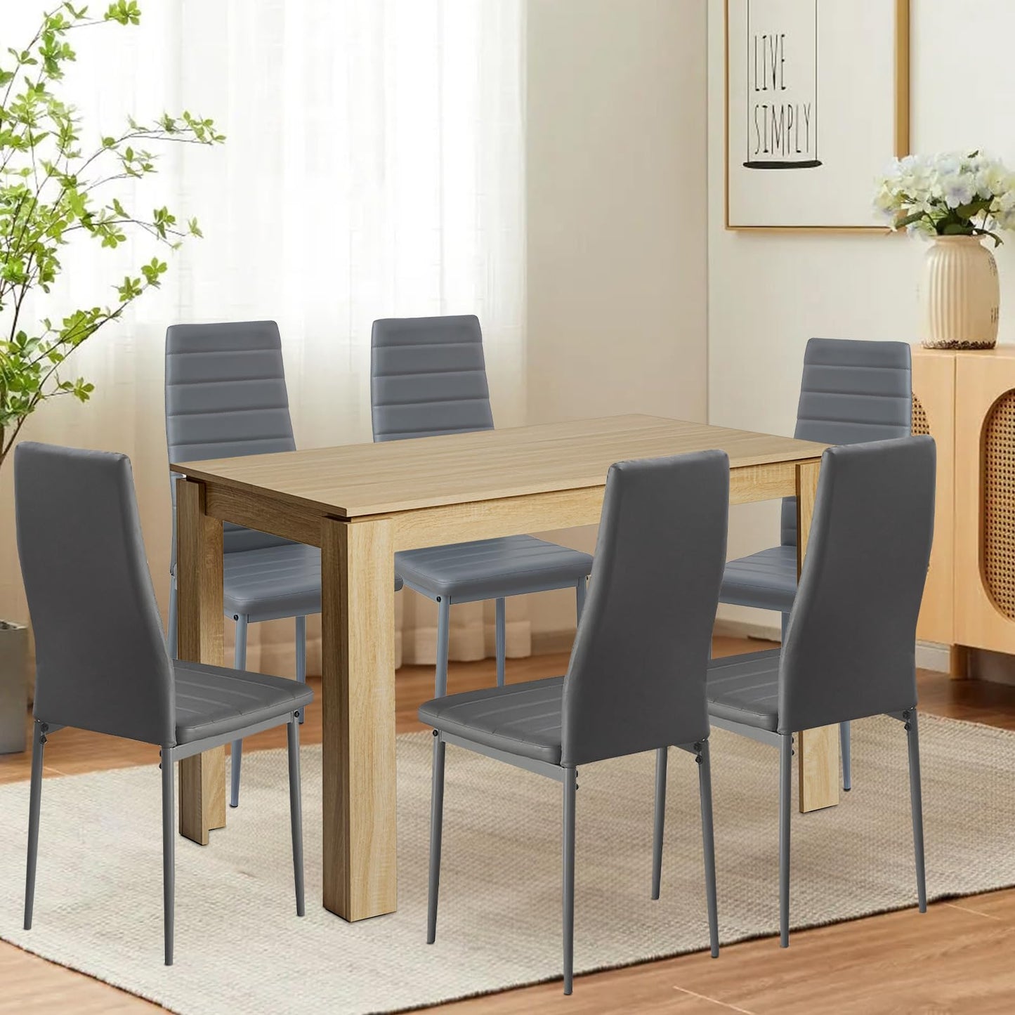 FURNITABLE Esstisch mit 6 Stühlen Esszimmergruppe, Essgruppe mit Hochlehner Kunstleder Stuhl für 6 Personen, Sitzgruppe für Küche Wohnzimmer(160cm Eiche-Weiß Tischbein Tisch+6 Schwarz Stühle)
