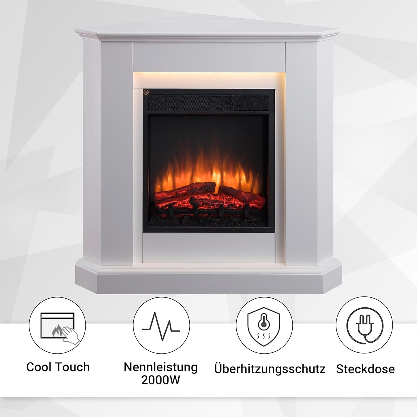 BALDERIA Elektrokamin Candela | Elektrischer Eckkamin mit 3D-Flammeneffekt | Elektro Heizung 2000W, LED-Beleuchtung, Fernbedienung, Timer & Thermostat | Weiß