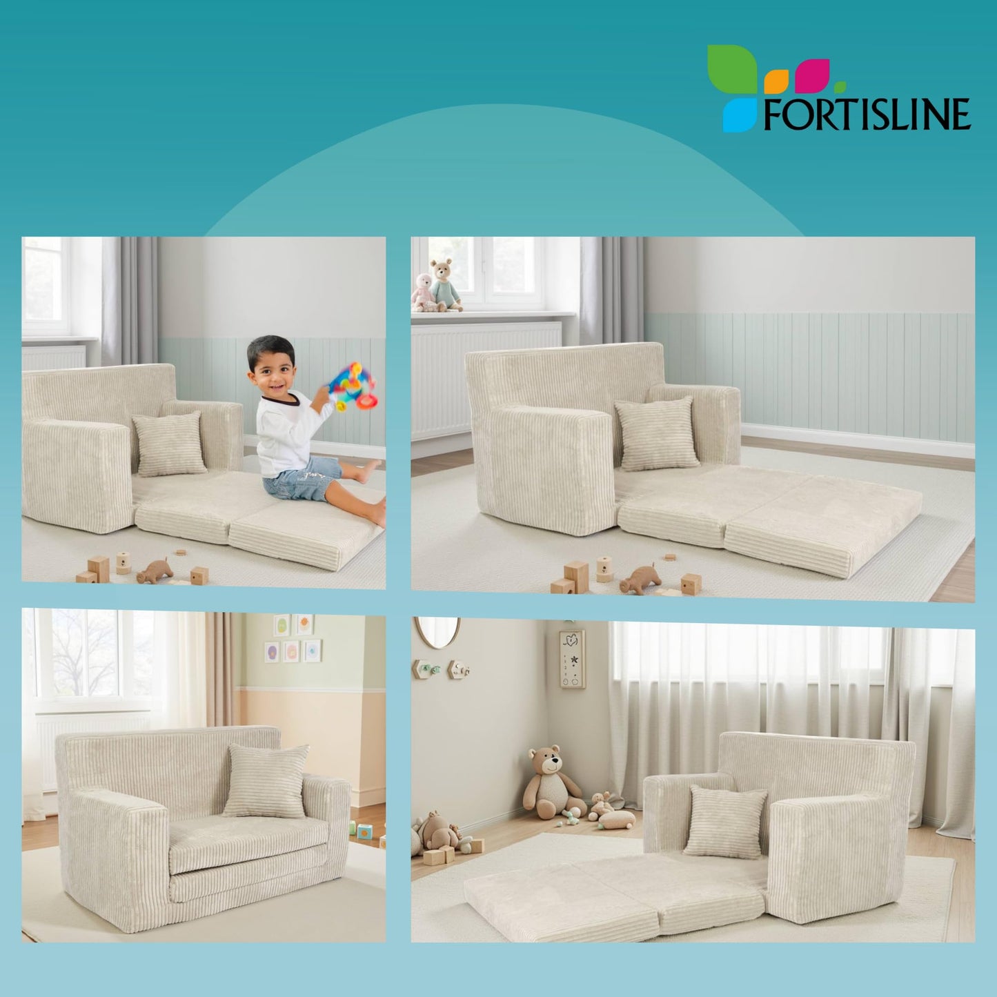 FORTISLINE - Kindersofa ausklappbar 83x47x43cm Oeko-TEX - Spielesofa für Kinder 2in1 - Kindercouch Aufklappen Bettfunktion - Schlafcouch aus Schaumstoff - Kuschel-Cord - Viele Muster (Grau)