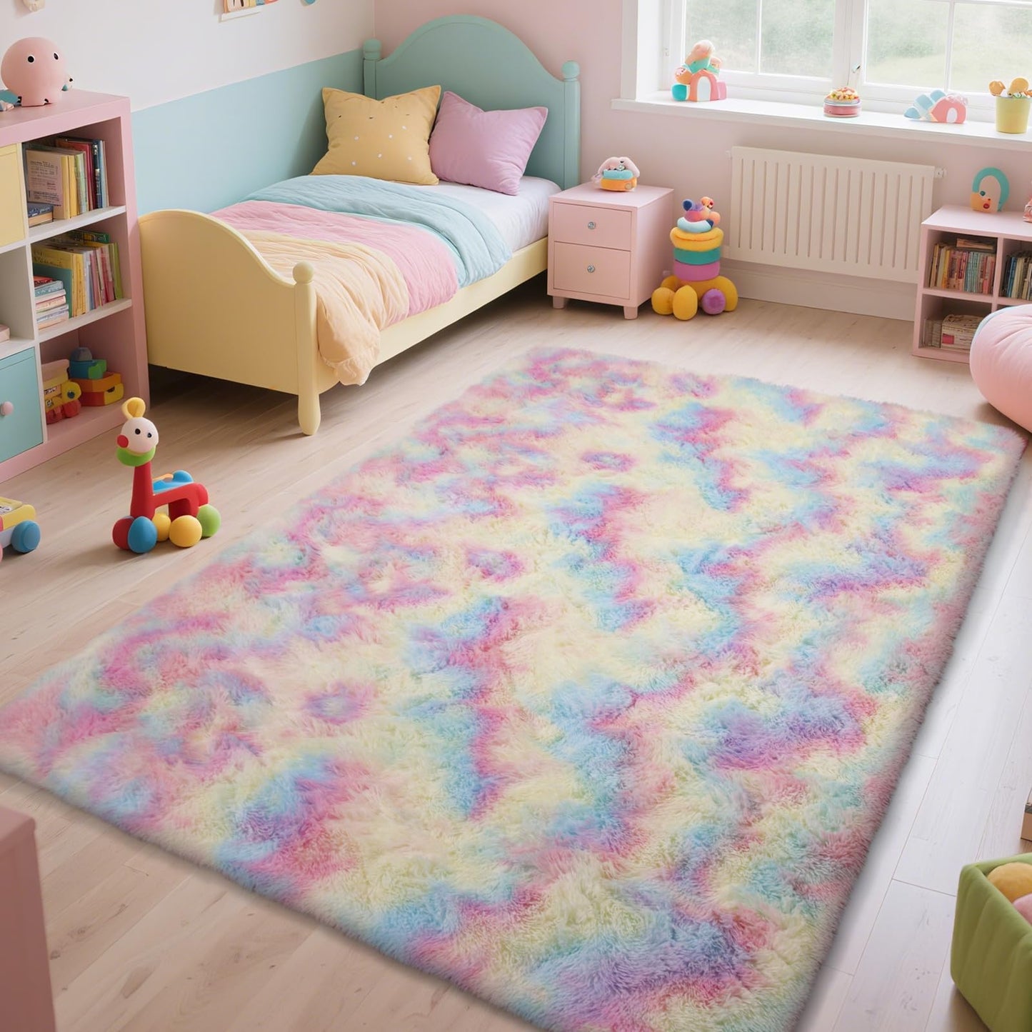 Shag Area Rugs for Bedroom Living Room,4X6 Ultra Soft Fluffy Area Rugs for Dorm, Indoor Carpet Nursery Rugs for Kids Room Home Decor,Tie-Dye Grey