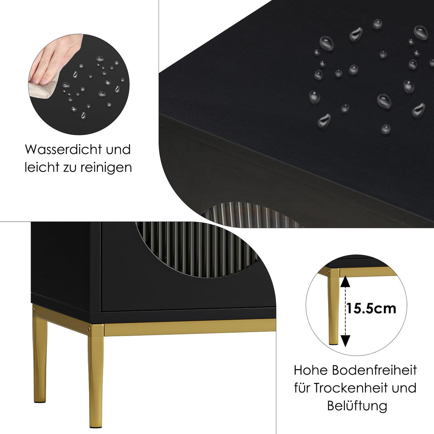 FirFurd Sideboard 120 cm Wide Kitchen Cabinet with Worktop Buffet Cabinet with 2 Glass Doors 3 Drawers Kitchen Buffet with Adjustable Shelf for Kitchen Dining Room Living Room 120 x 38 x 80 cm Black