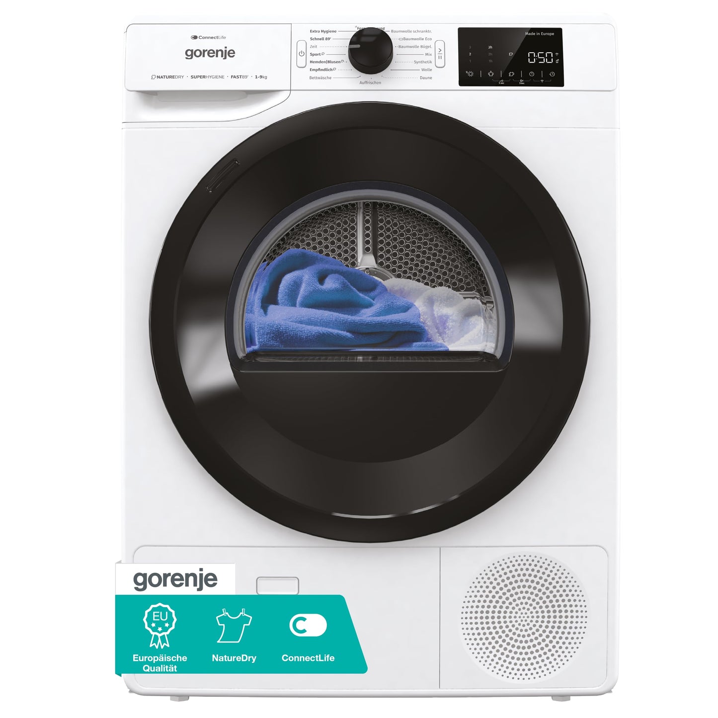 Gorenje DPNE82/GN Trockner/Kondensation mit Wärmepumpe / 8kg / 16 Programme/WIFI/Made in Europe/WaveActive Trommel/TwinAir/Feuchtesensor/Naturedry/LED Display/EEK: A++