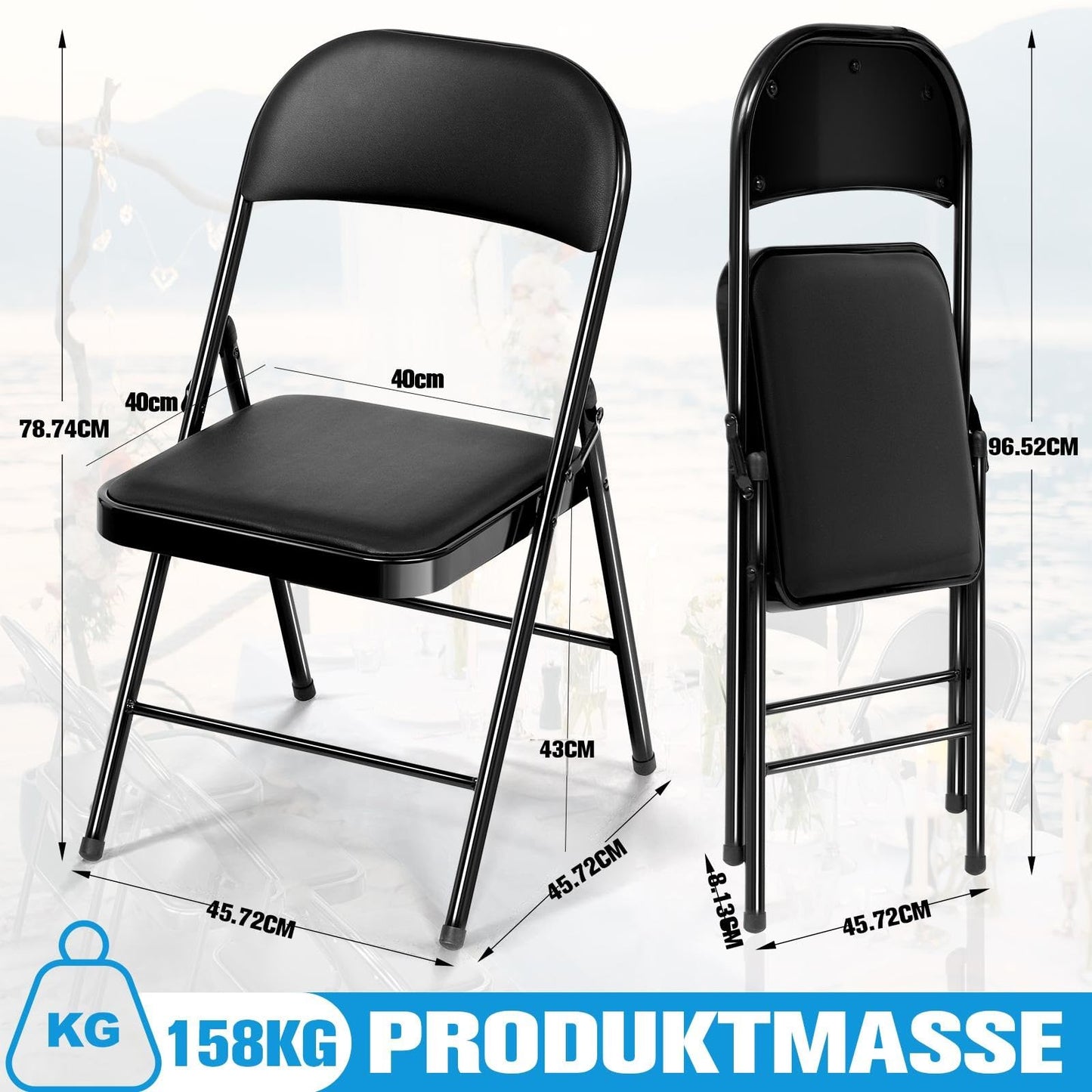 Asdsed Klappstuhl 4er Set, Klappstühle Gepolstert, Klappstuhl bis 158KG Gepolstert mit Starker Stahlrahmen, Faltbarer Klappstühle Platzsparender Schreibtischstuhl für Haus Büro Garten Balkon Party
