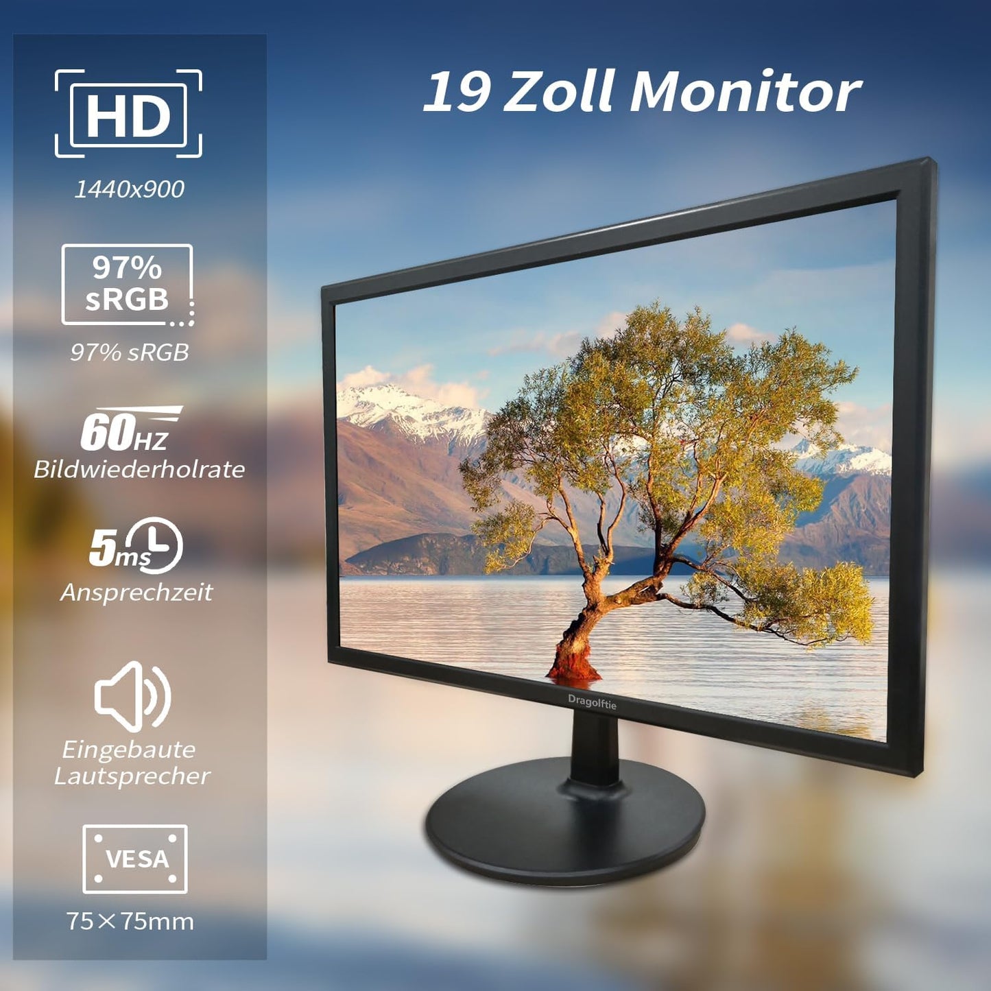 Dragolftie 19 Inch PC Monitor 1440 x 900, Two Built-in Speakers, 60Hz, 5ms, Computer Screen with Low Blue Light Desktop Monitors, HDMI, VGA, VESA Mountable Business Screen, Black