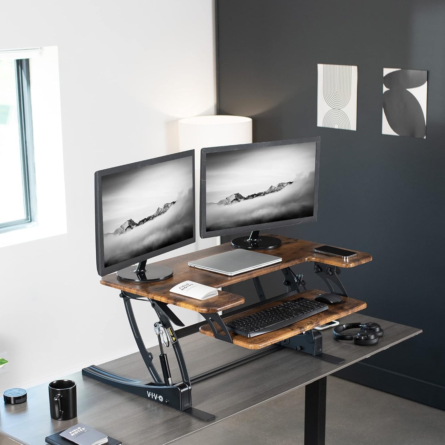 VIVO Black Height Adjustable 36 inch Stand up Desk Converter Quick Sit to Stand Tabletop Dual Monitor Riser, DESK-V000V