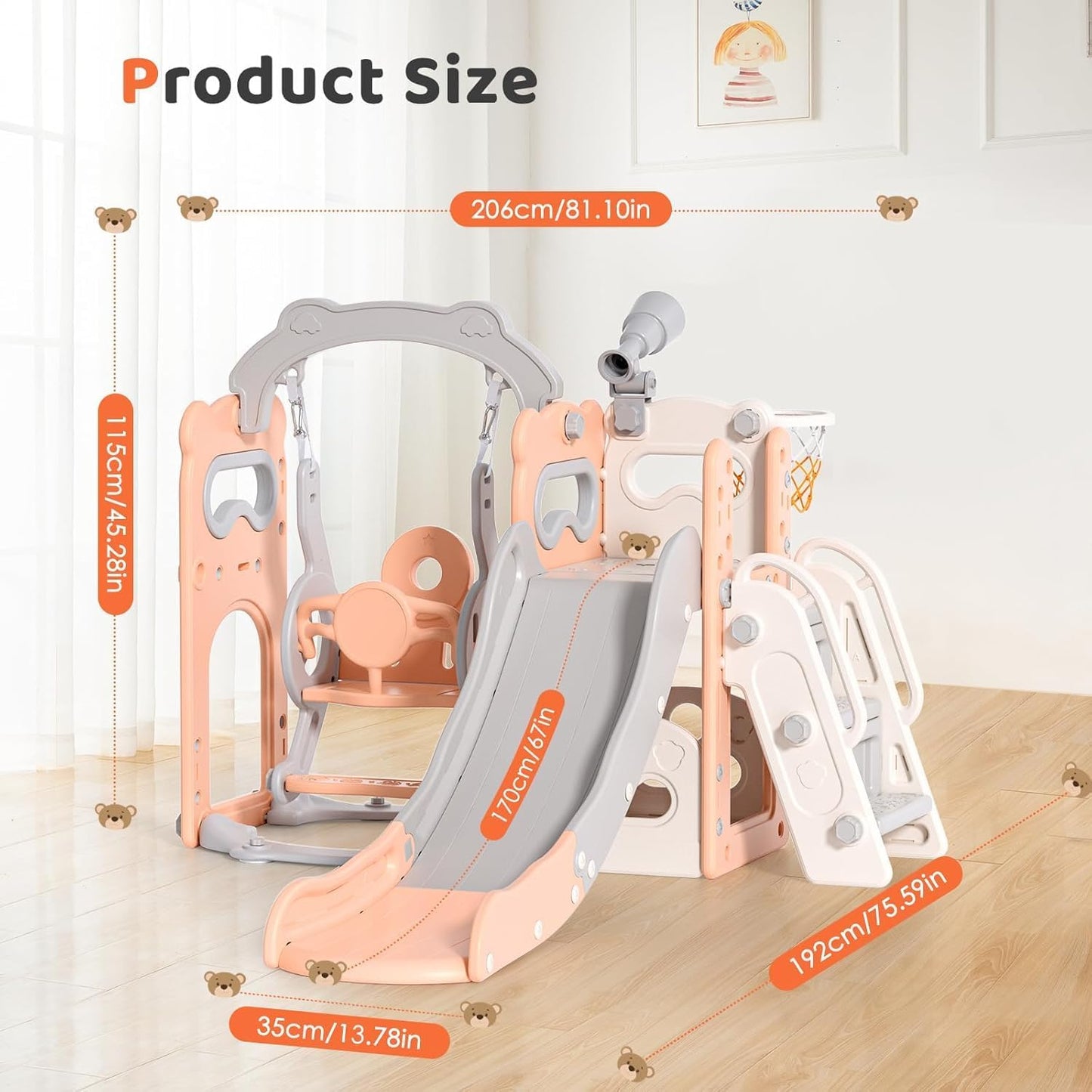 Children's Slide, Large Toddler Slide with Basketball Hoop, Climbing Frame for the Garden, Telescope, Storage Space, for 1-3 Years, Extra Long 1700 mm (7-in-1 Elk Slide Active Model (Khaki)))
