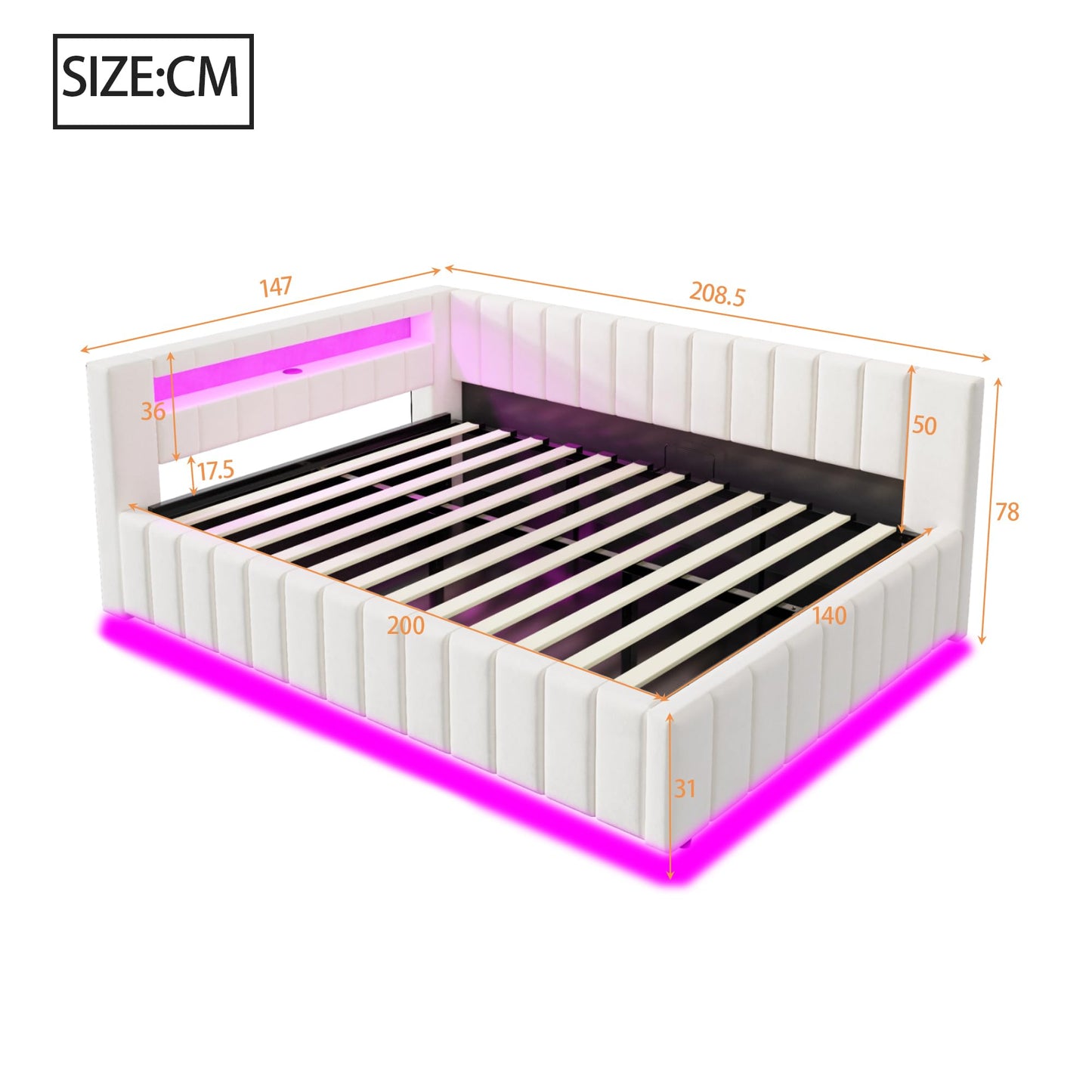 KEYIDE Upholstered Sofa Bed, 140 x 200 cm with LED Lighting and USB Charging, Bed Frame with Wooden Slatted Frame, Day Bed, Guest Bed, Youth Bed, Velvet Fabric, Without Mattress (Grey, 140 x 200)