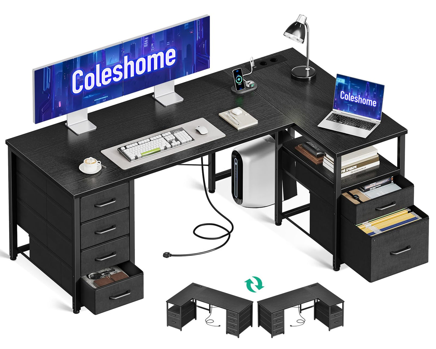Coleshome Desk with Fabric Drawers, Reversible Desk L Shape with Filing Drawer, Corner Desk with USB Charging Port and Socket, Home Office Desks (White, 140 x 70 cm)