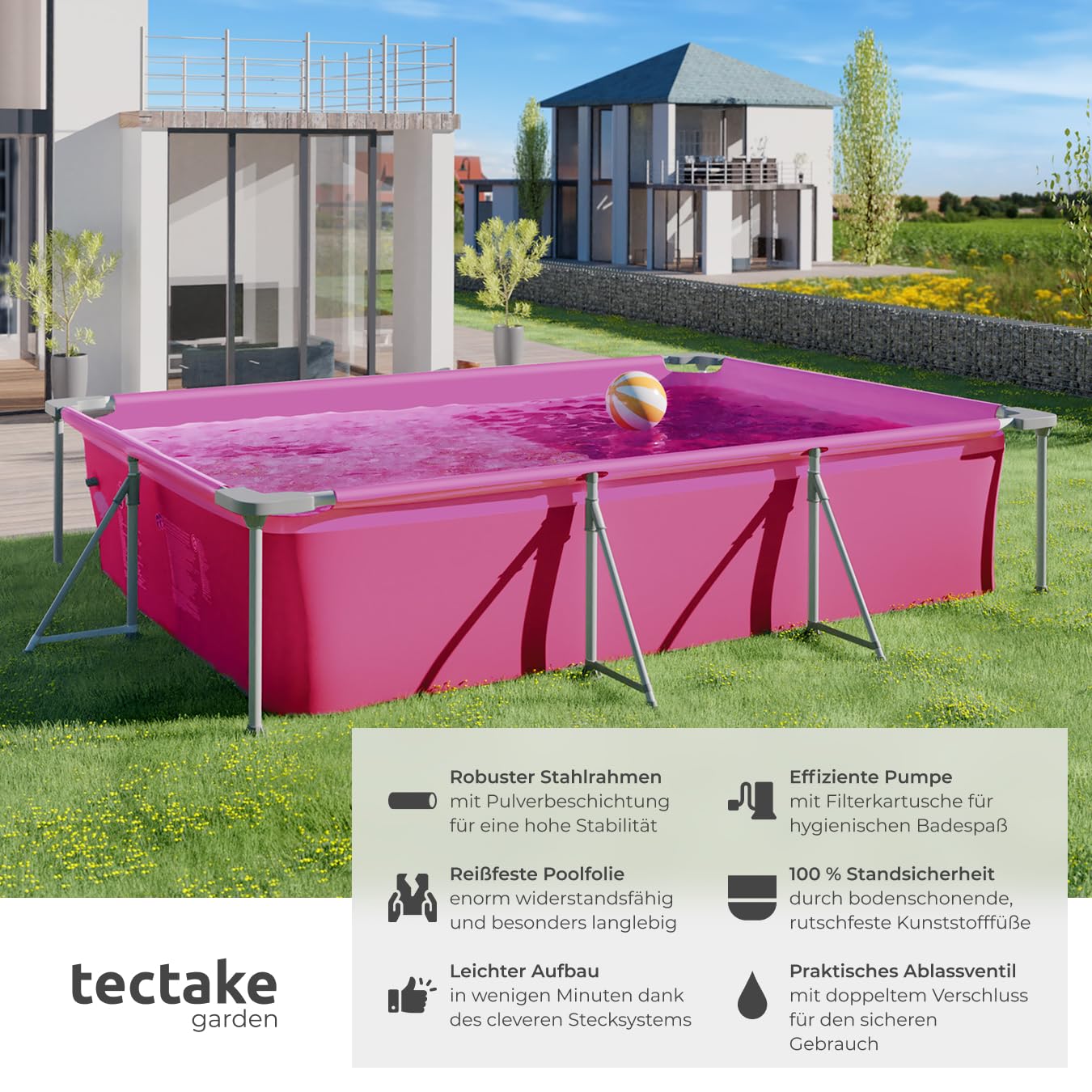 tectake® Swimming Pool, Large Swimming Pool, Rectangular, Frame Pool, Pool for Garden, Steel Frame Pool, Complete Set, Outdoor Garden Pool, Above Ground Pool, 300 x 207 x 70 cm, Grey