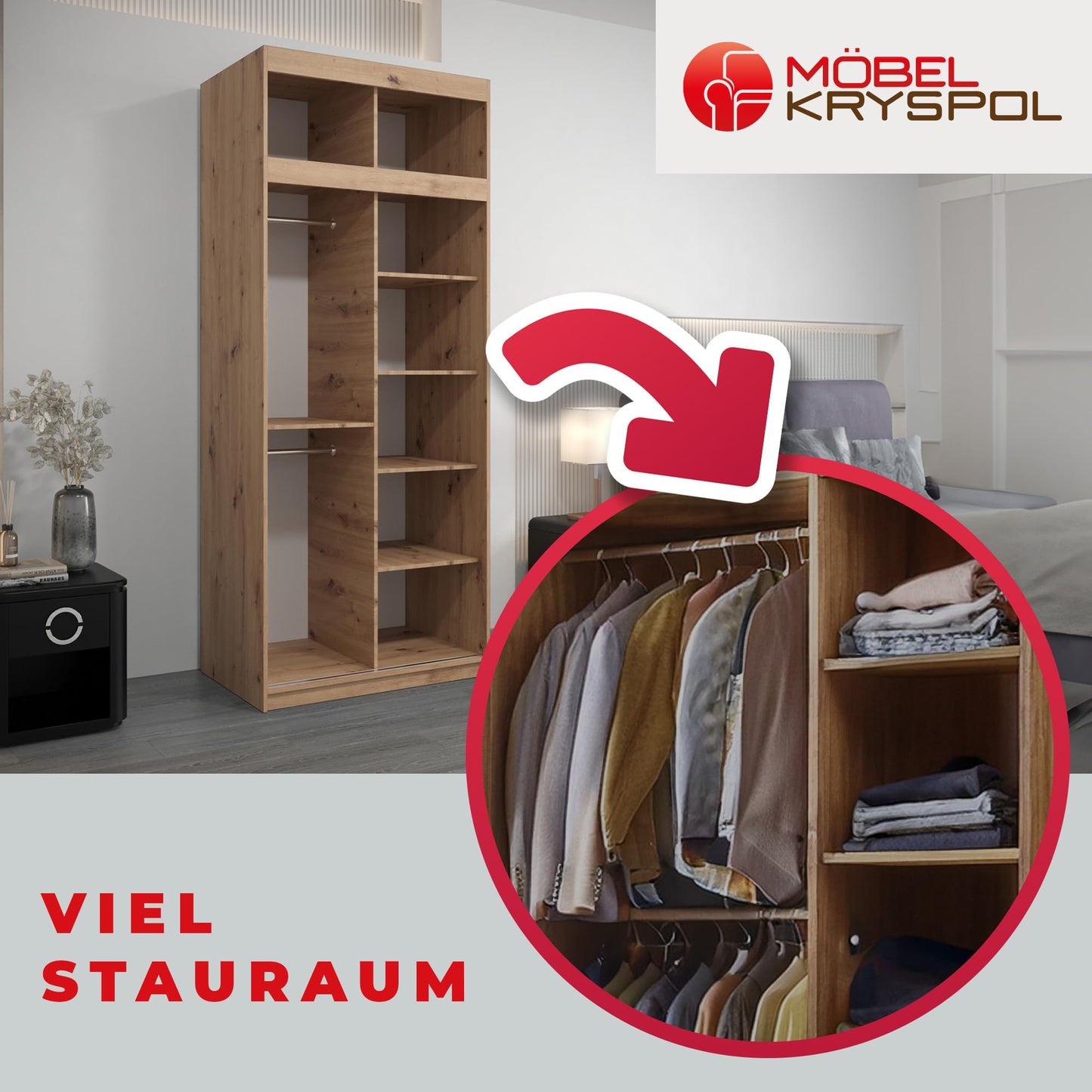 MEBLE KRYSPOL Verona 4 250 Bedroom Wardrobe Sliding Doors Cabinet with Mirror Wardrobe with Mirror Sliding Door Wardrobe Sliding Doors - 250 x 240 x 62 cm - Sonoma with Extension