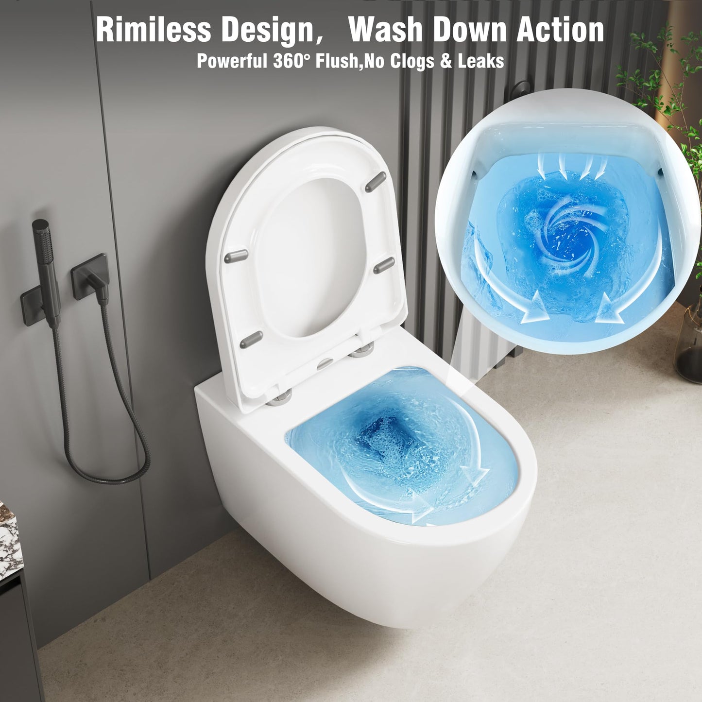 Hängend WC Spülrandlos Toilette, Wand-WC Set aus Keramik mit Toilettendeckel Abnehmbaren Absenkautomatik Effizienter Spültechnik Hängetoilette, D-Form,Lang 51cm, Weiß