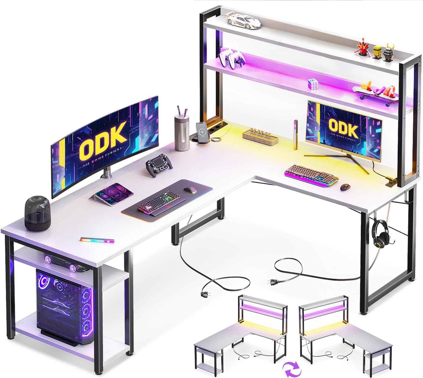 ODK Eckschreibtisch Weiß mit Stall, 150×120 cm Reversibel Gaming Tish L Form mit LED, Computertisch mit USB-Ladeanschluss&Steckdose, Gaming Schreibtisch für das Heimbüro