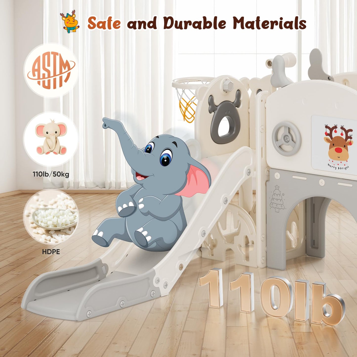 Krovtoy Kleinkindrutsche mit Weihnachtselch-Motiv, freistehende Kleinkindrutsche mit Golf-Set, Babyrutsche, Spielplatzgerät, für den Innen- und Außenbereich (Grau Beige - 6 in 1)