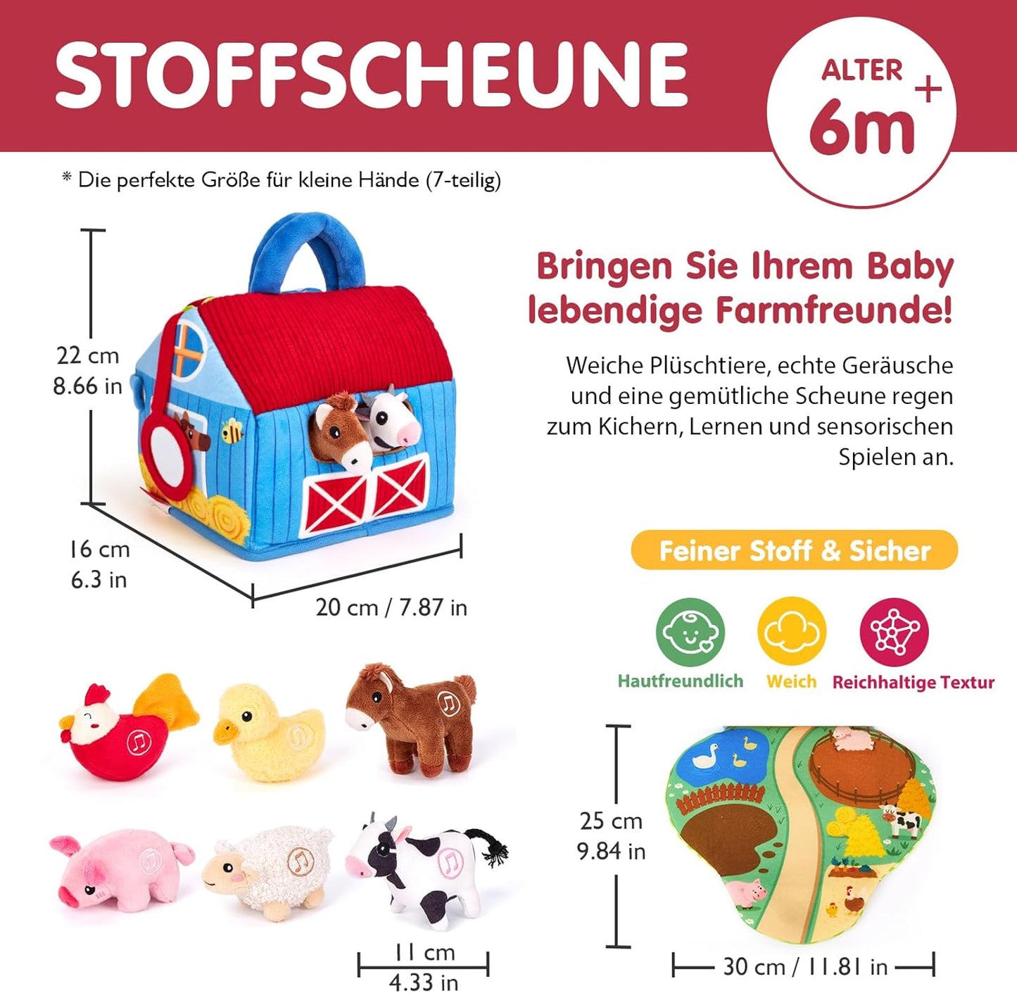 hahaland Bauernhof Baby Spielzeug 6 Monate mit 2-in-1 Scheunen & Spielmatten,7 Sensorik Plüschtiere Set– Macht Tiergeräusche & Spricht Englische Tiernamen,Montessori Baby Geschenk ab 6 7 8 9 10 Monate