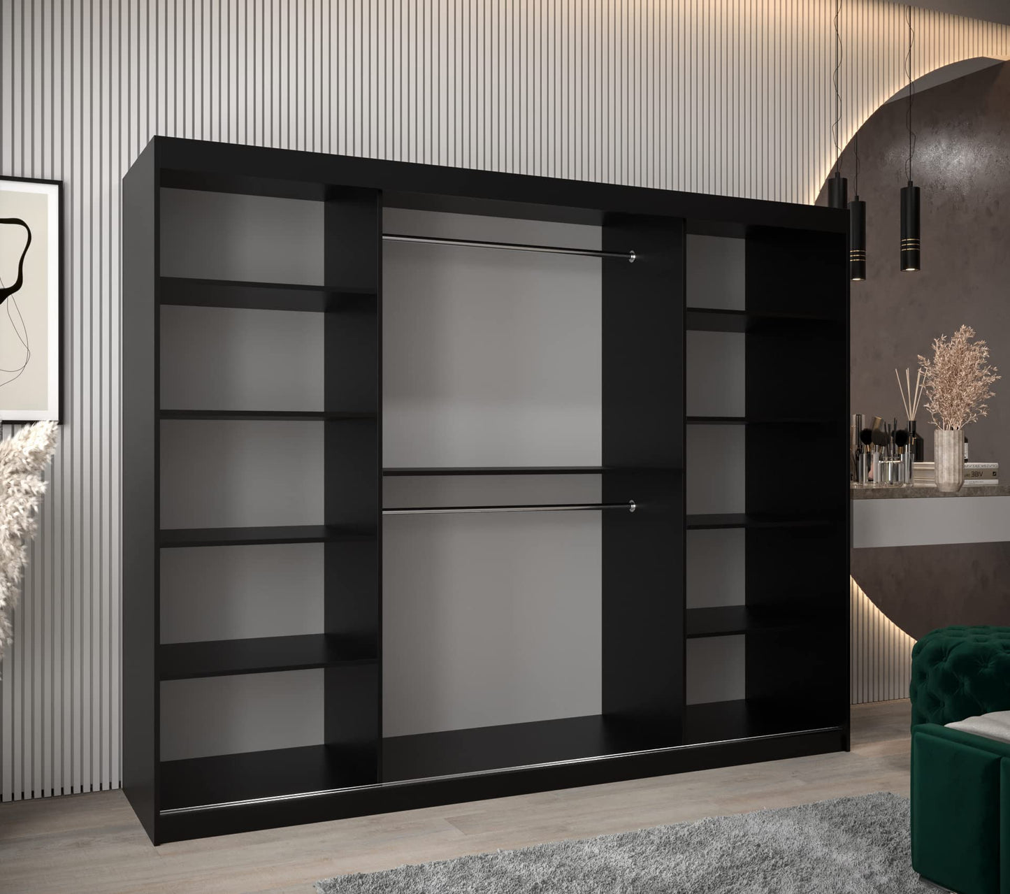 MEBLE KRYSPOL Dome 2 Schrank mit DREI Schiebetüren mit Spiegel, Stangen und Regalen - Aufbewahrungsschrank mit Rauchglas für Schlafzimmer, Wohnzimmer - 200x250x62cm - Schwarz, Schwarz, Schwarz