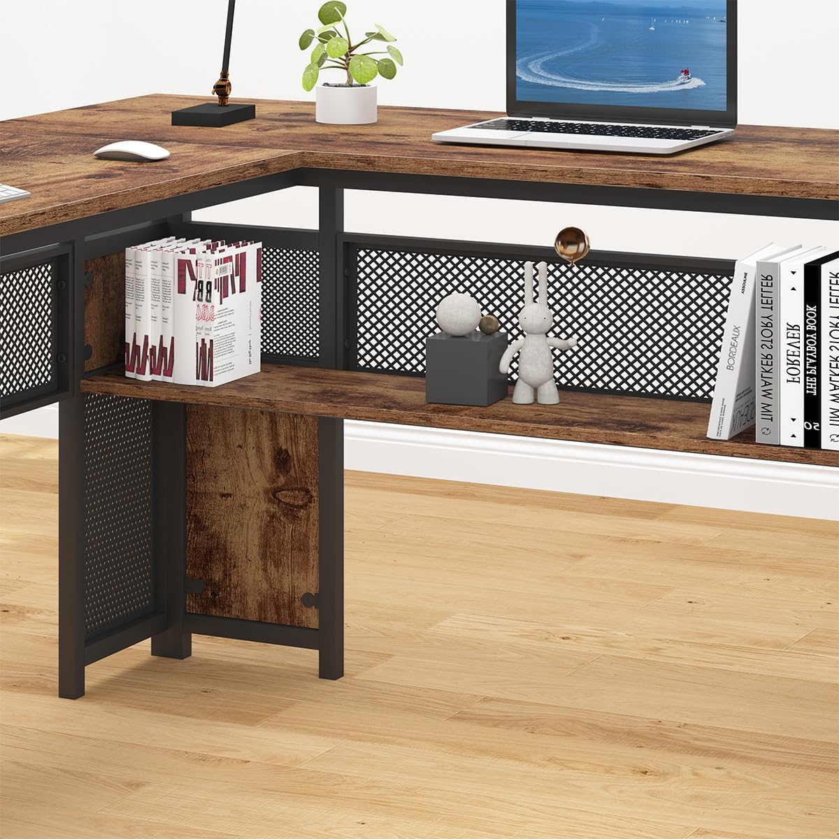 HSH - Black L Shape Corner Desk with Filing Drawers and Shelves, Reversible Corner Desk Made of Metal and Wood with Storage Cabinets