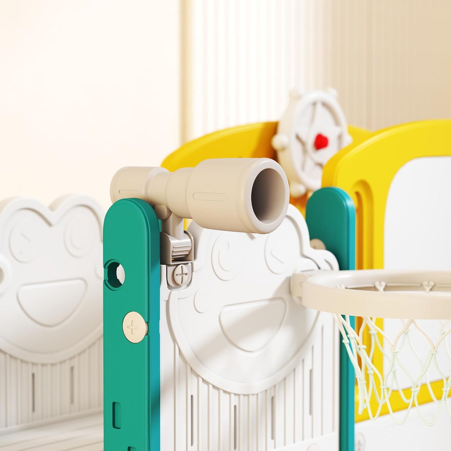 AIYAPLAY Children's Slide 7-in-1 Indoor and Outdoor Baby Slide with Basketball Hoop, Climbing Frame, Tunnel, Play Telescope, Storage Space, Drawing Board, Frog Motif Playground for Toddlers 1-3 Years