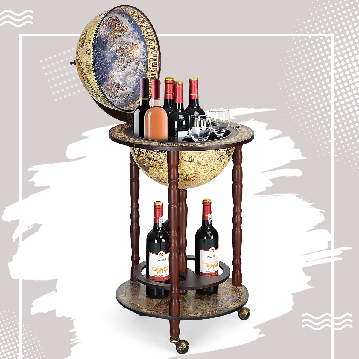RELAX4LIFE Globe Bar on Wheels, Bar Trolley with World Globe, Bar Table Solid Wood, Serving Trolley with Wine Bottle Holder, Mobile Cocktail Bar, Antique Look, Decorative Mini Bar Serving Table