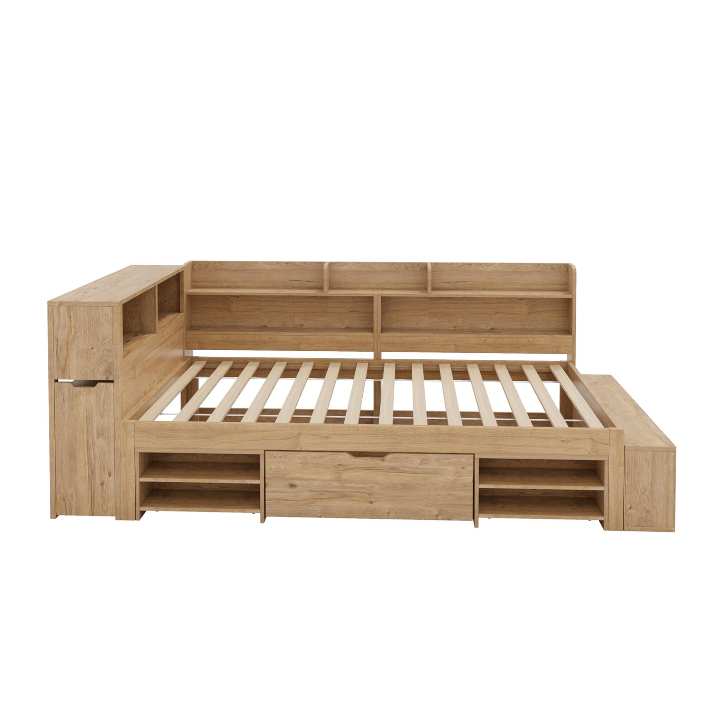 Children's Bed 90 x 200 cm, Wooden Bed with Drawers and Board, Headboard with Bookshelf and Fall Protection, Bed with Slatted Frame and Storage Space, Teenager's Bed, Functional Bed, Wooden Bed Frame,