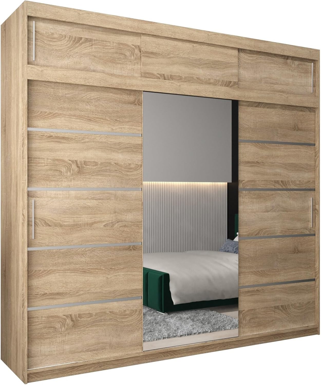 MEBLE KRYSPOL Kleiderschrank mit Spiegel Verona 2 - Garderobenschrank - Schrank Schlafzimmer - Mehrzweckschrank DREI Schiebetüren - Regalen - Flur Möbel - Kleiderstange Schrank - Allzweckschrank