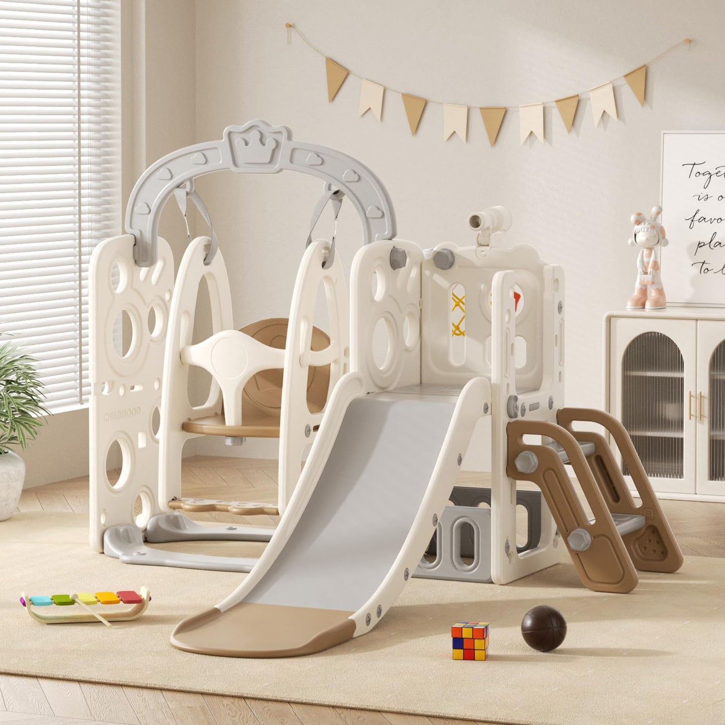 Rutsche mit Klettergerüst für Kinder: Indoor Spielplatz mit - Aufbewahrungsbox Tunnel Treppenleiter Basketballkorb und Durchgangsbereich Gartenrutsche (Star Set-G-Brown)