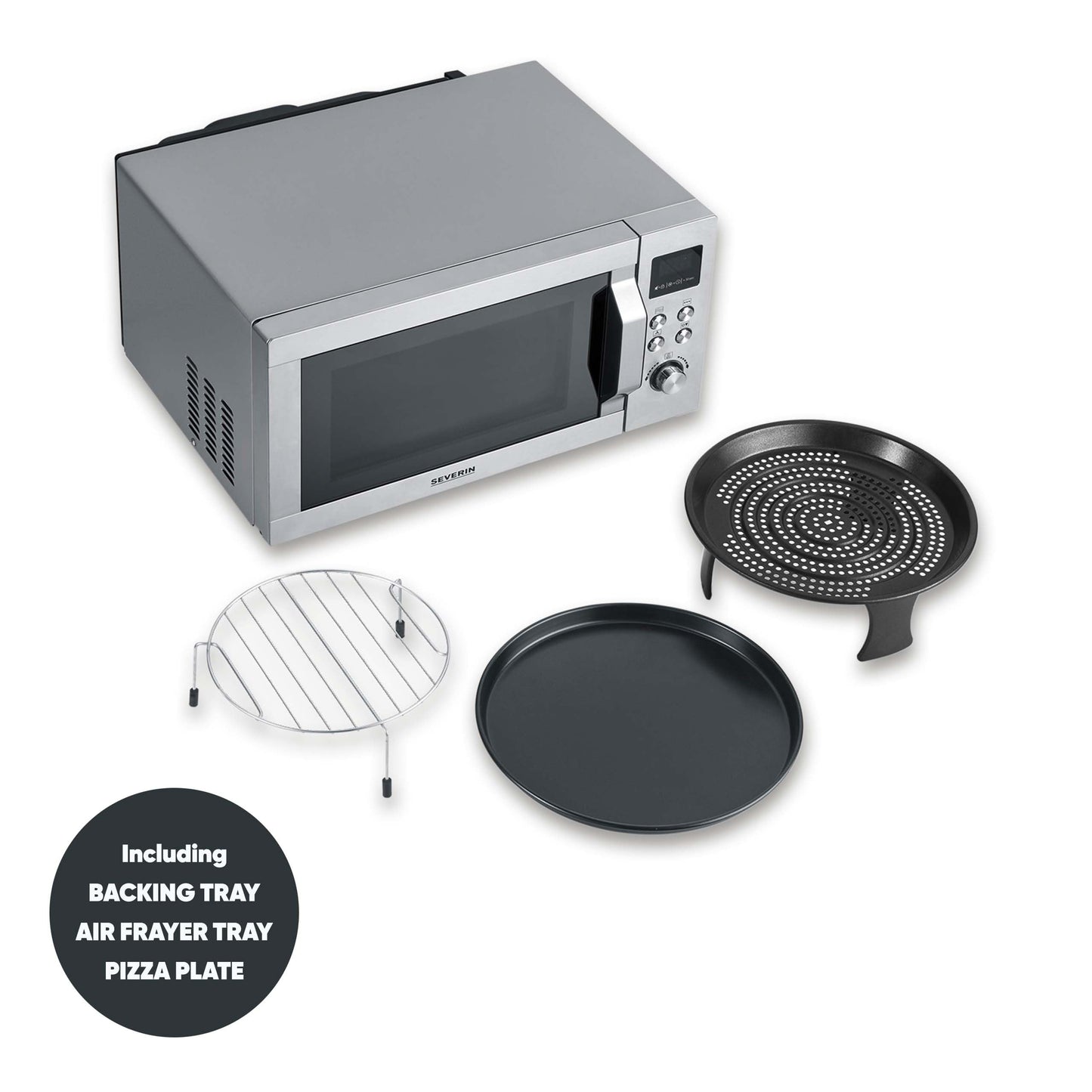 SEVERIN MW 7774 Microwave with Grill and Hot Air Function 3-in-1 for Defrosting, Cooking and Heating, Microwave with Turntable, Brushed Stainless Steel/Silver