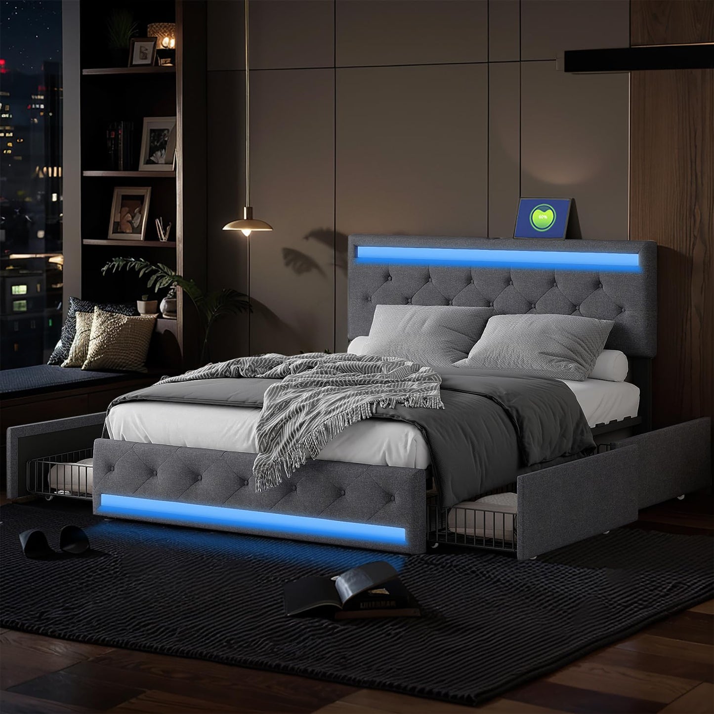 KeepGoon Doppelbett 140 x 200 cm,Polsterbett mit LED-Leuchten, 4 Eisenschubladen und einem USB Ladeanschluss,Stauraumbetten Bettgestell,Leinenstoff (Beige)