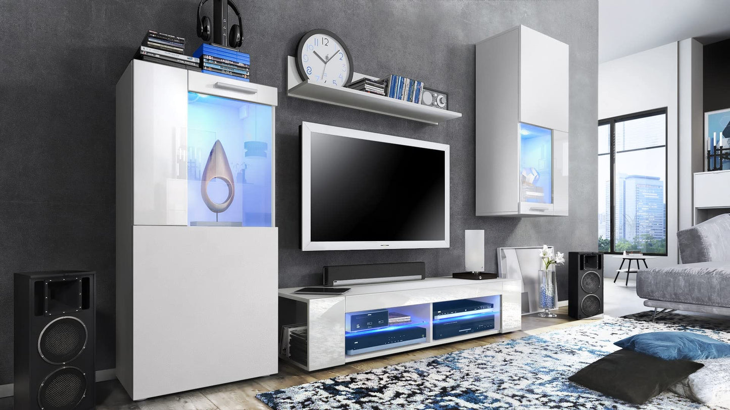 Vladon Wohnwand Movie, Anbauwand bestehend aus 1 TV-Board, 2 Vitrinen und 1 Regal, Weiß matt/Weiß matt/Weiß Hochglanz (Gesamt: 300 x 190 x 39 cm)