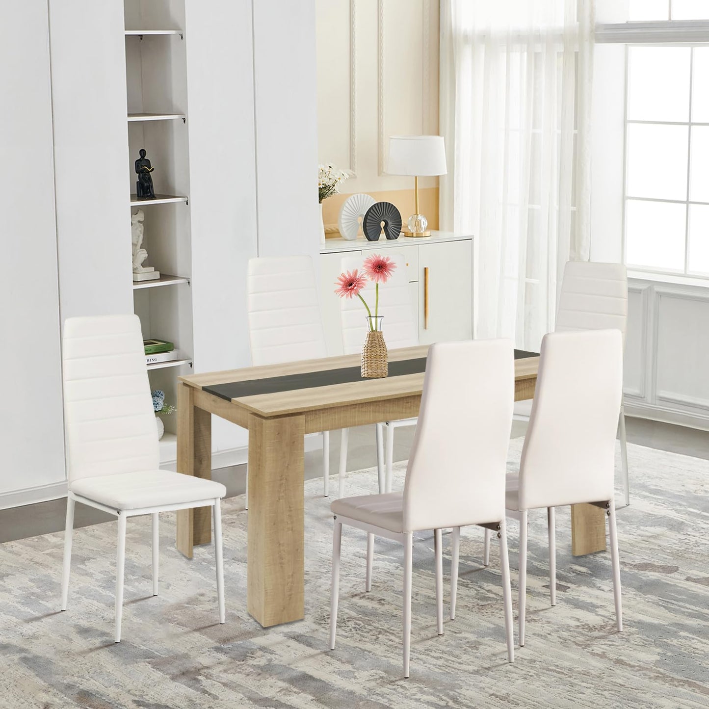 FURNITABLE Esstisch mit 6 Stühlen Esszimmergruppe, Essgruppe mit Hochlehner Kunstleder Stuhl für 6 Personen, Sitzgruppe für Küche Wohnzimmer(160cm Eiche-Weiß Tischbein Tisch+6 Schwarz Stühle)
