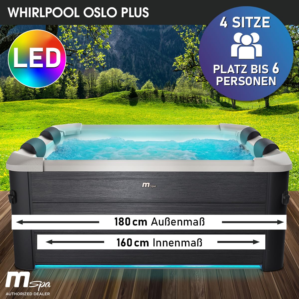 BRAST Whirlpool MSpa Oslo & Oslo Plus XXL mit Fester Außenwand | 160x160x65cm - 180x180x65cm | LED-Beleuchtung 20 Farben | 6 Personen | 120-140 Massagedüsen | Ganzjähriger Einsatz Winterfest