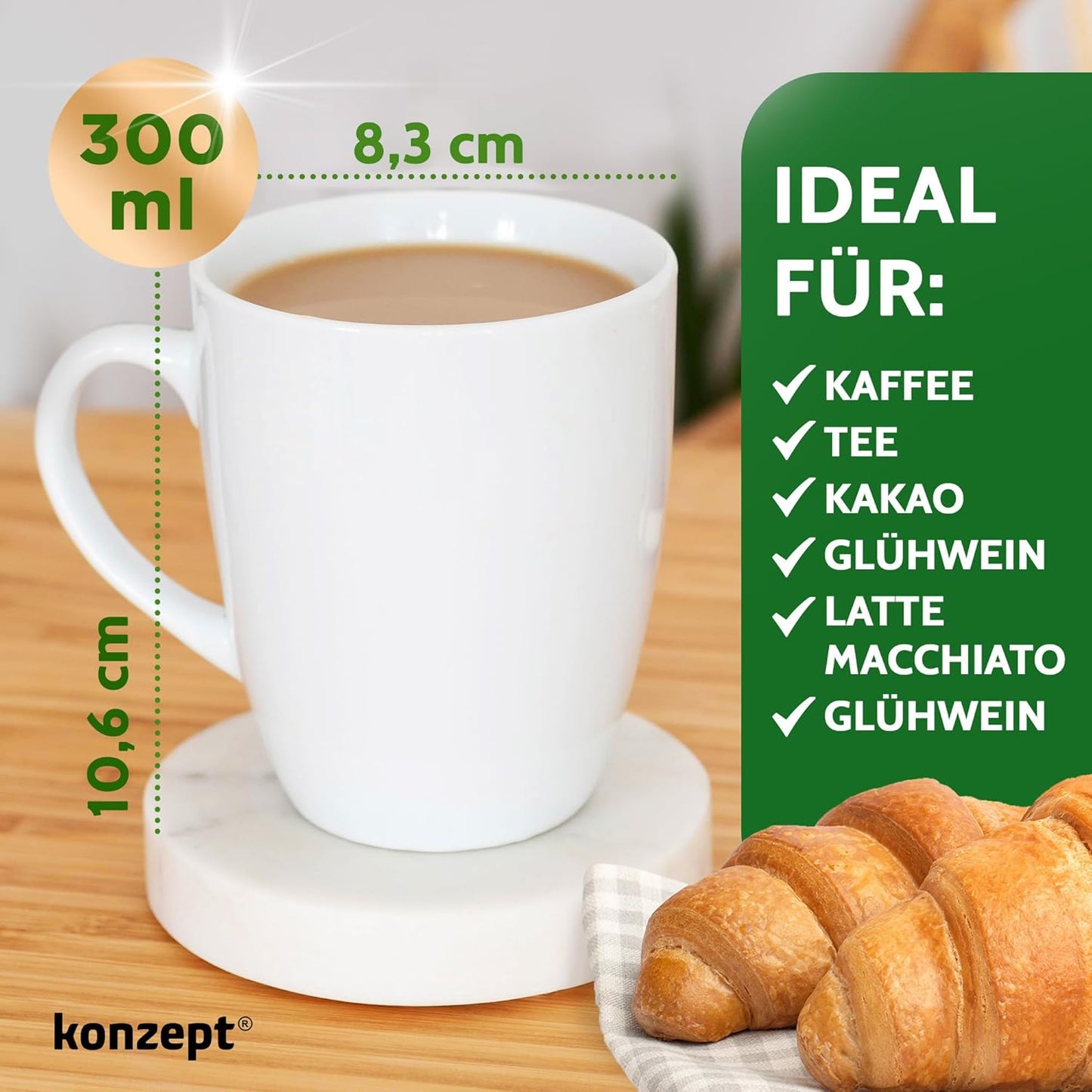 KONZEPT Kaffeebecher aus Porzellan 300 ml, Kaffeetassen Set 6er, Tassen zum Bemalen mit Henkel, Teetassen in Weiß