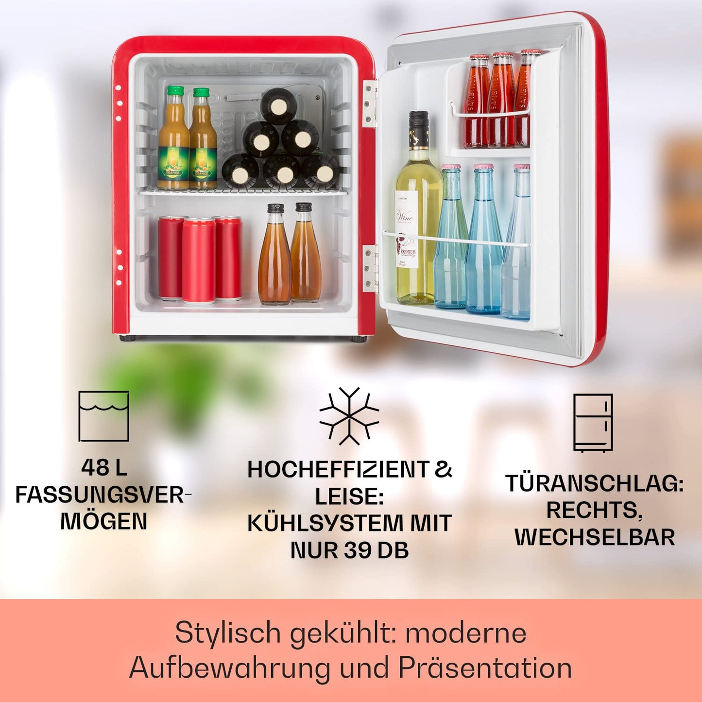 Klarstein Kühlschrank, Mini-Kühlschrank für Getränke, Kühlschrank Klein, Kleiner Kühlschrank Lautlos, Skincare Fridge, Vintage Design, Camping Kühlschrank, Minikühlschrank für Zimmer, 0-10°C, 70 L