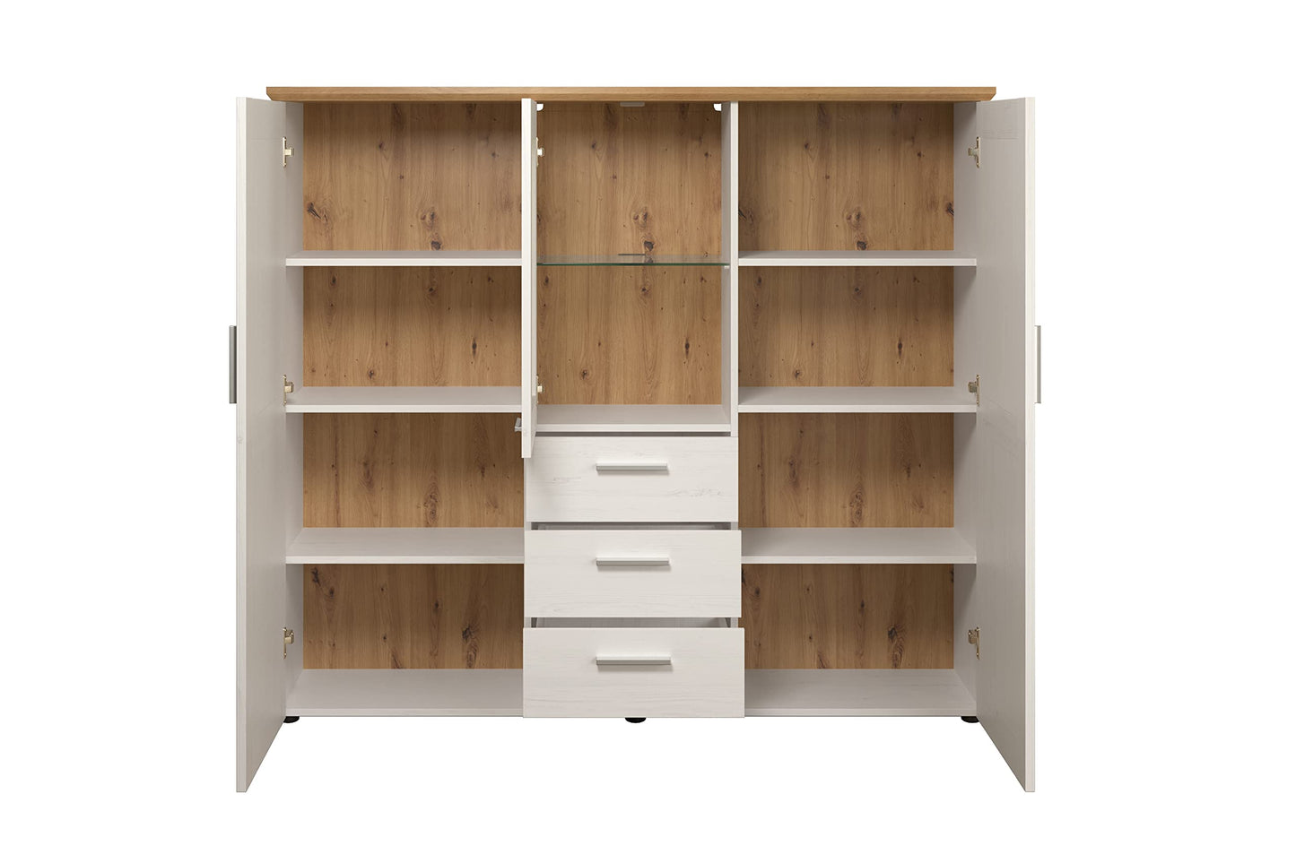 trendteam smart living - Shade - Wohnzimmerkombination - Weiß/Eiche - Vitrine hoch, TV-Unterteil, Wandboard, Vitrine halbhoch - (BxHxT) 368 x 194 x 45 cm - silberfarbene Griffe