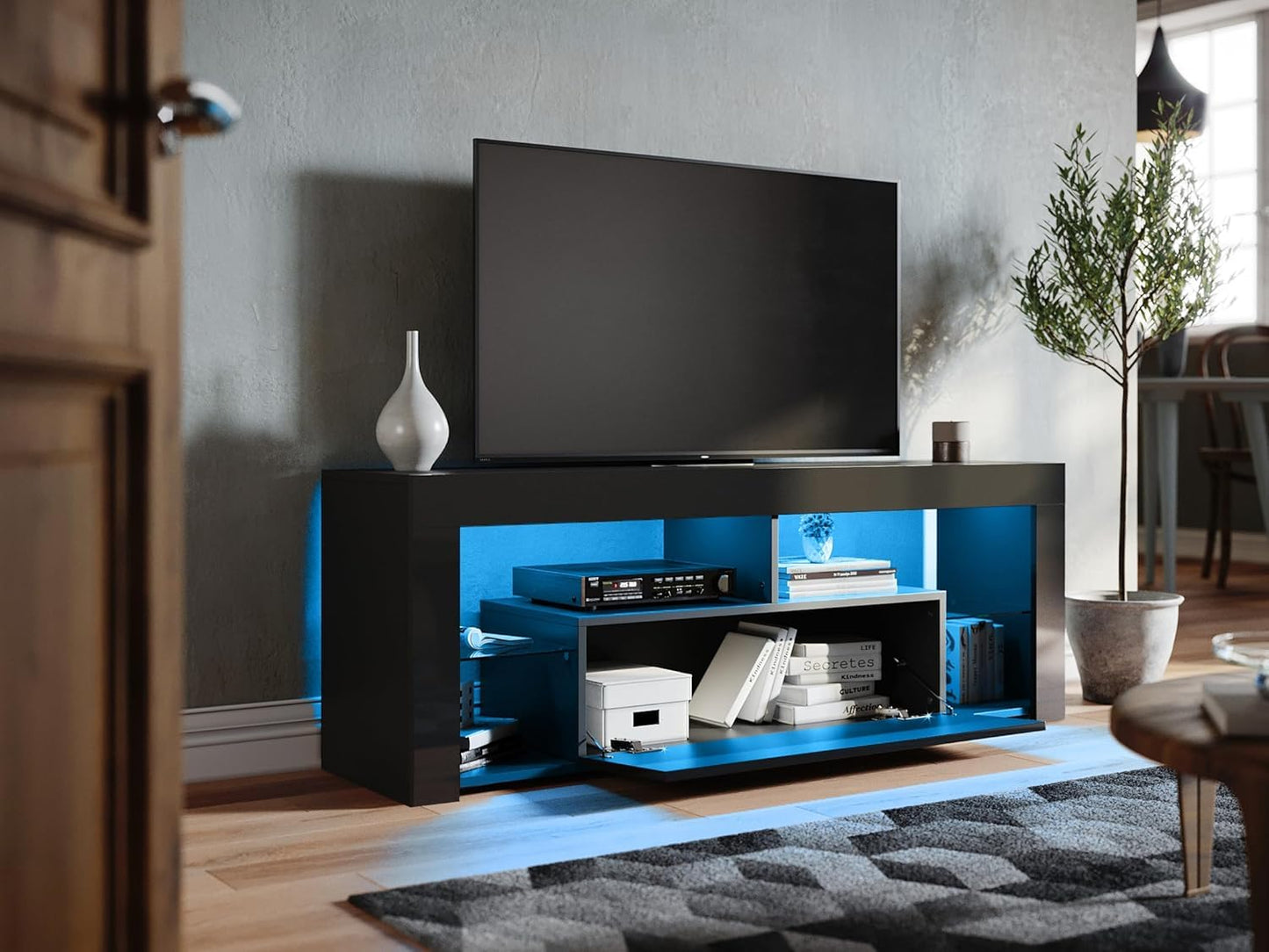SONNI Modern TV Cabinet 180 cm, Lowboard High Gloss White with 16 Colours LED Lighting, Drawer, Open Glass Shelves, TV Stand for TVs up to 65 Inches, Living Room & Bedroom, 180 x 35 x 45 cm