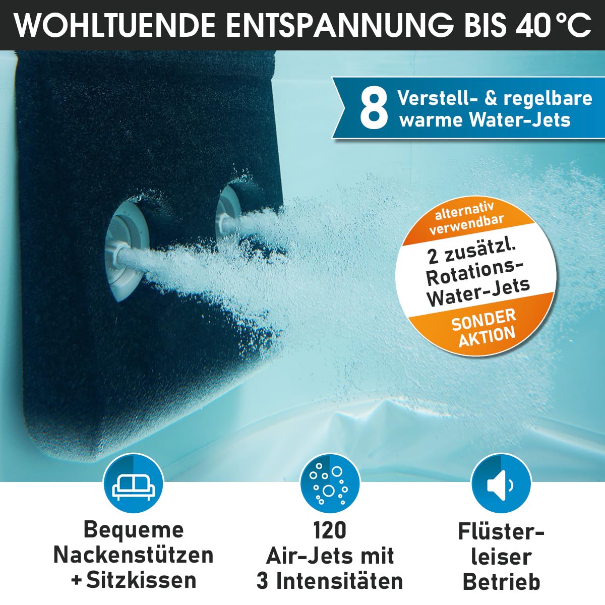 BRAST Whirlpool MSpa Oslo & Oslo Plus XXL mit Fester Außenwand | 160x160x65cm - 180x180x65cm | LED-Beleuchtung 20 Farben | 6 Personen | 120-140 Massagedüsen | Ganzjähriger Einsatz Winterfest
